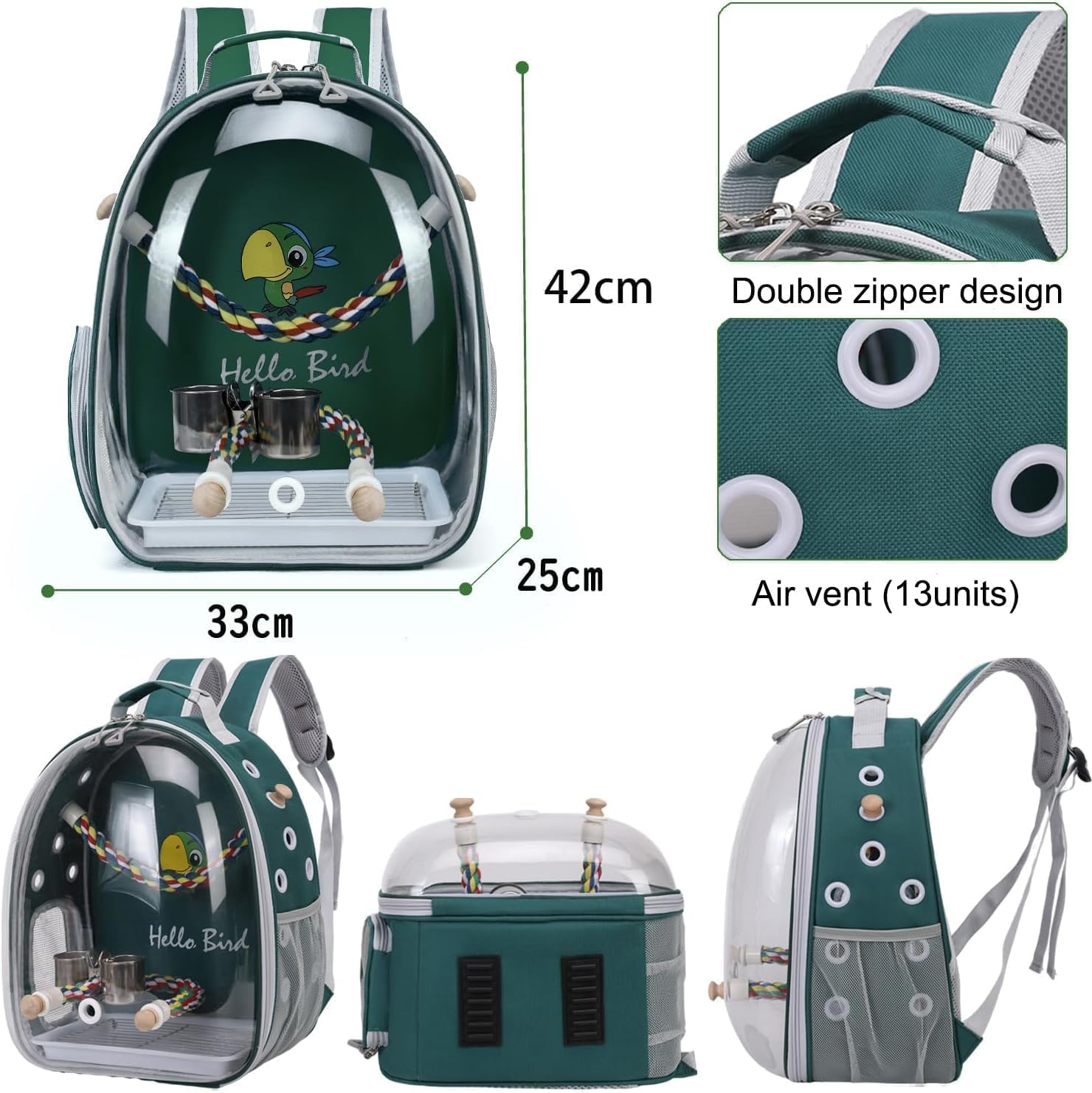 Bird Traval Carrier Cage, Multi Vent Holes Clear Space Capsule Astronaut Backpack to Carry Parakeet Cockatiel Parrot with Metal Tray Wood Perch, Vet Transport Book Bag (Green) image number 3