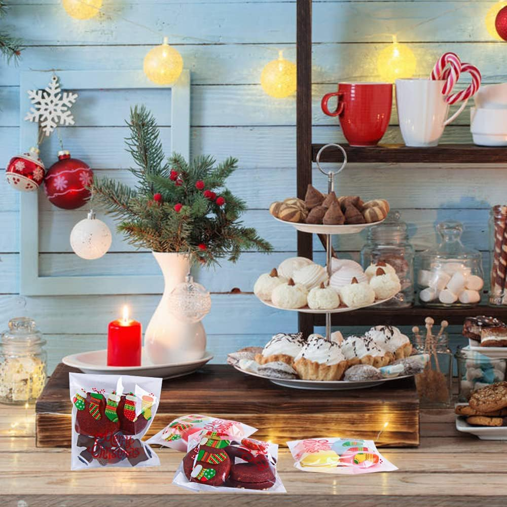 Bluejunior Christmas Cookie Treat Bags Candy Cake Biscuit Self Adhesive Cellophane Transparent Plastic Material Bags for Xmas Wedding Anniversary Holiday Party Favor Sweet Snacks Packaging image number 4