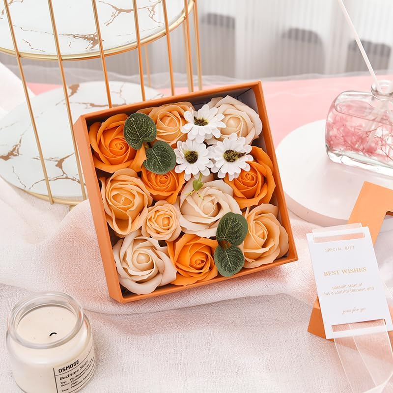 Rose Bath Soap - Rose Flower Floral Scented Rose Soap Petals in Flower Box, Transparent Window Soap Flower for Women Plant Essential Oil Flower Soap Set for Birthday Valentine&rsquo;S Christmas （Orange）