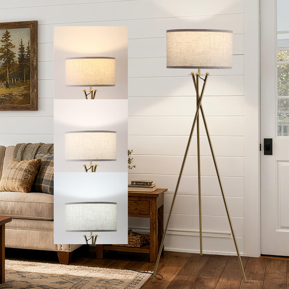 EOEYYOYB Tripod Floor Lamp with Linen Drum Shade, Modern Polished Brass Tall Floor Lamp, Reading Standing Light for Living Room Bedroom Office, Gold