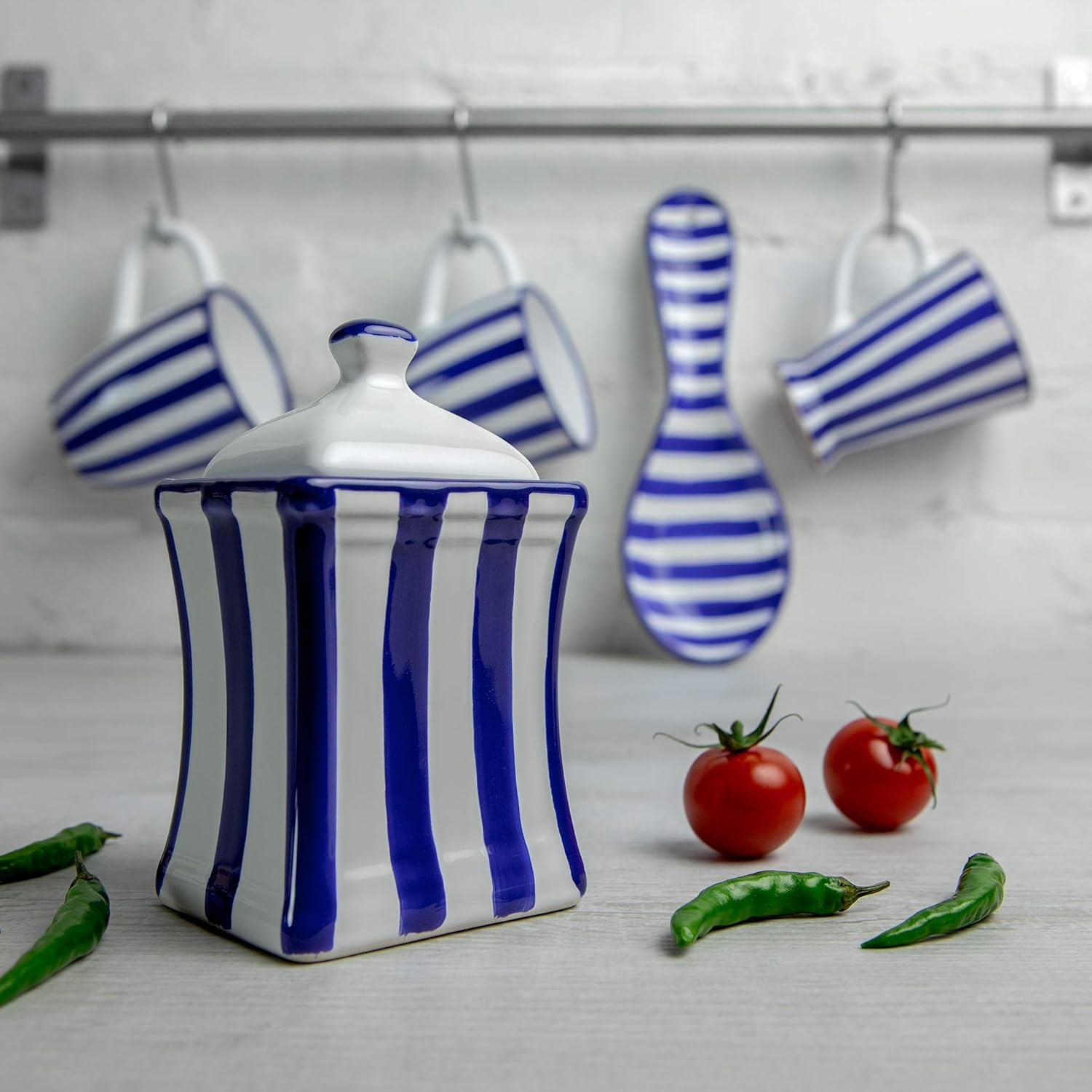 Handmade Dark Navy Blue Stripe Small 5.3Oz/150Ml Ceramic Kitchen Herb, Spice, Storage Jar with Lid, Pottery Canister, Housewarming Gift by City to Cottage image number 1