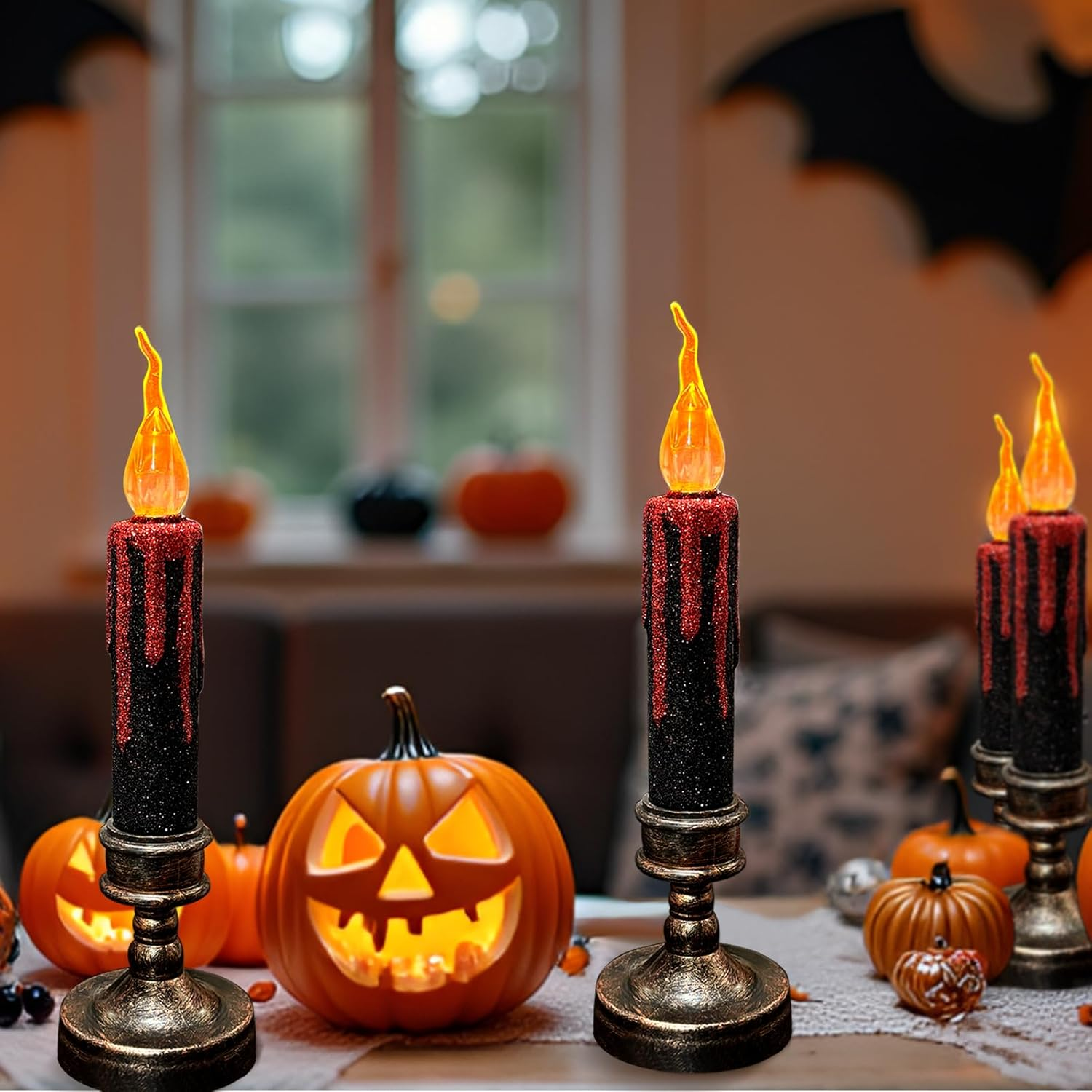 TINYOUTH 2 X 21 Cm Large LED Candles for Halloween, Christmas, Black Glitter Table Candles, Light Batteries Included for Wedding Party, Anniversary, Engagement Decoration