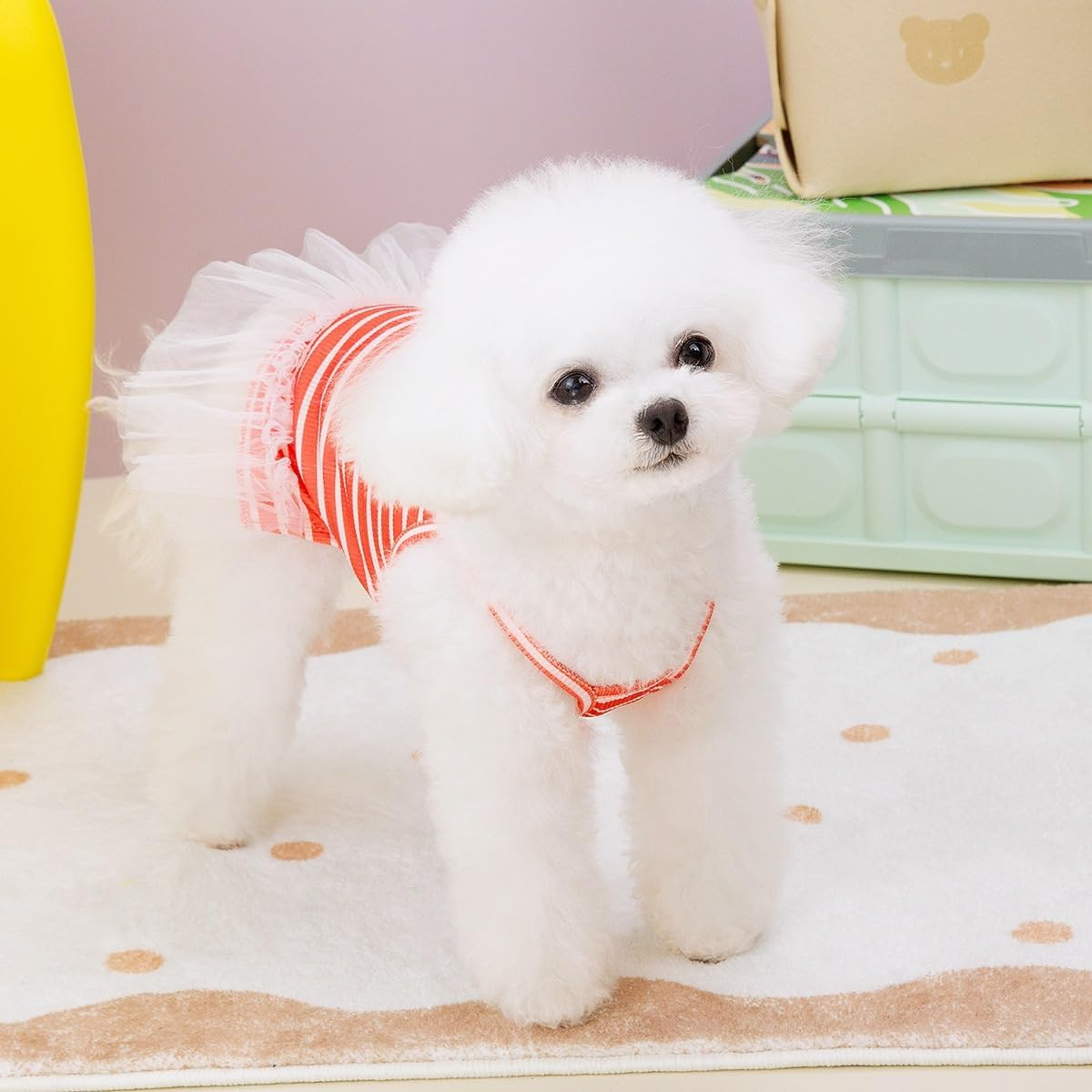 Knitted Dog Dress for Small Dog Striped Pet Pullover Strap Dress Stretchable Summer Clothes Breathable Puppy Tulle Skirt (Red, S)