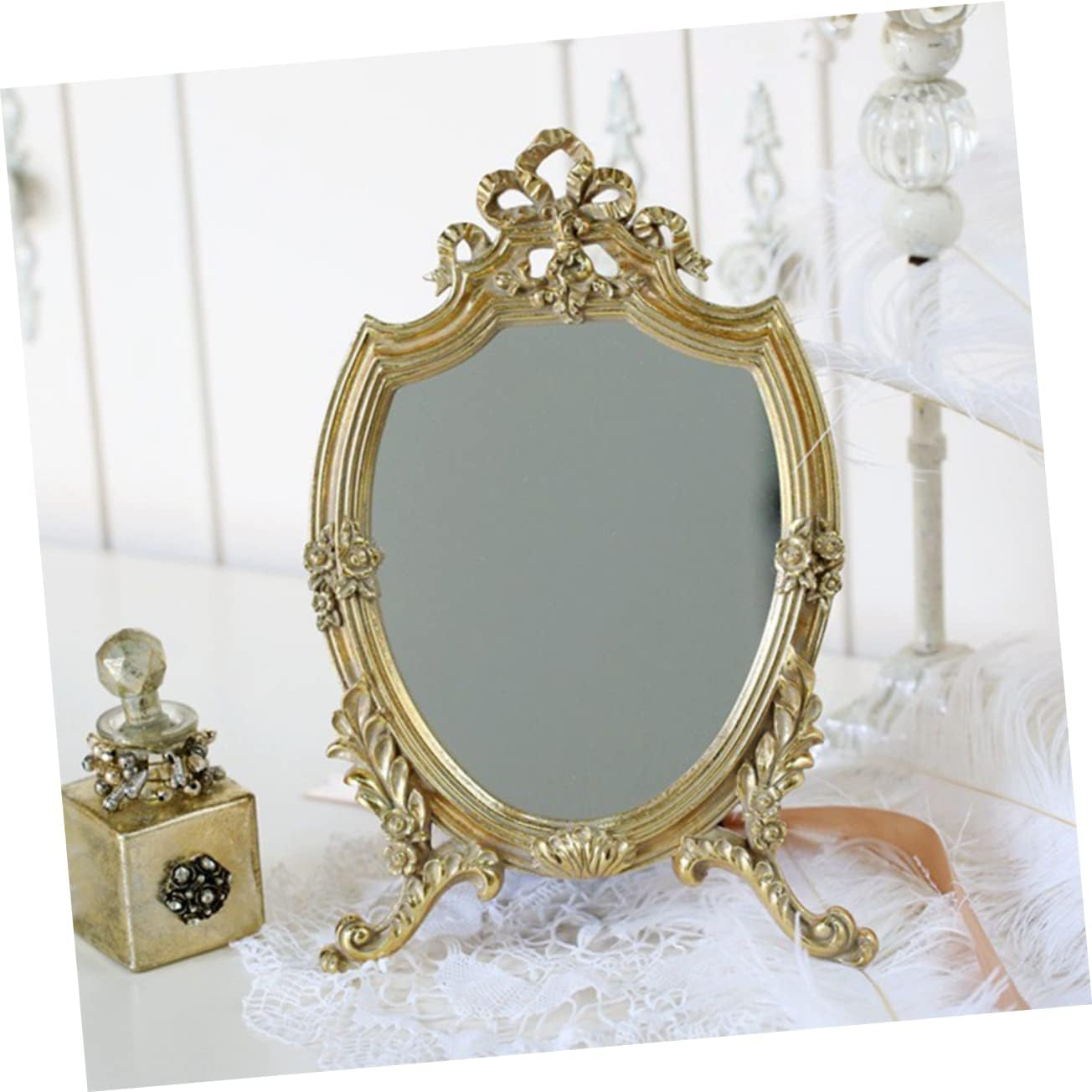 COMPUKAS Vintage Gold Makeup Mirror Wall Mounted or Free Standing Decorative Bathroom Mirror for Beauty Unique Design for Dressing Table and Bedroom image number 3