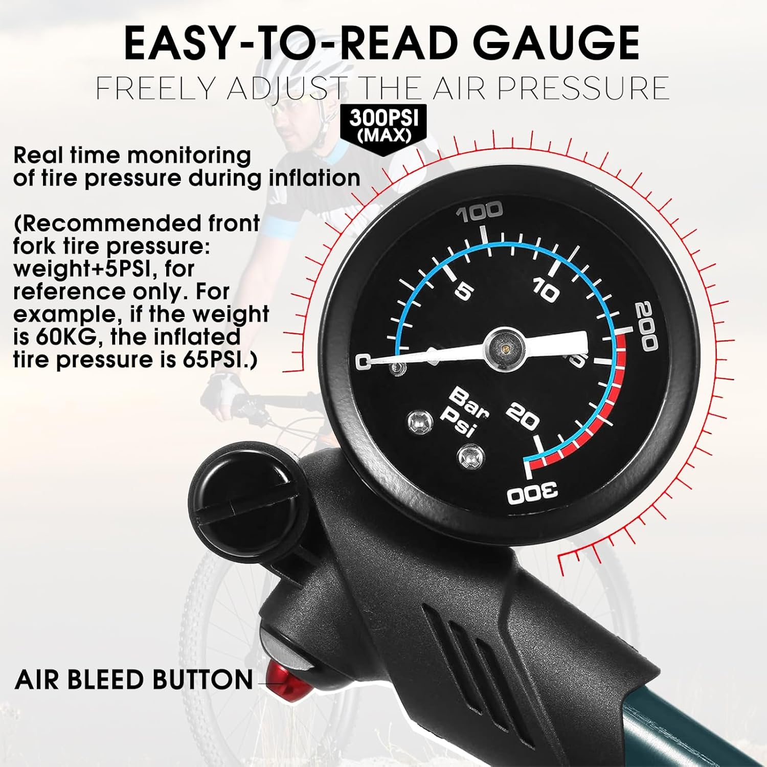 Powerful Bike Shock Pump, High Pressure 300 PSI Digital Dual Suspension Bicycle Air Pump with Air Bleed Button for Front Fork & Rear Shock image number 2