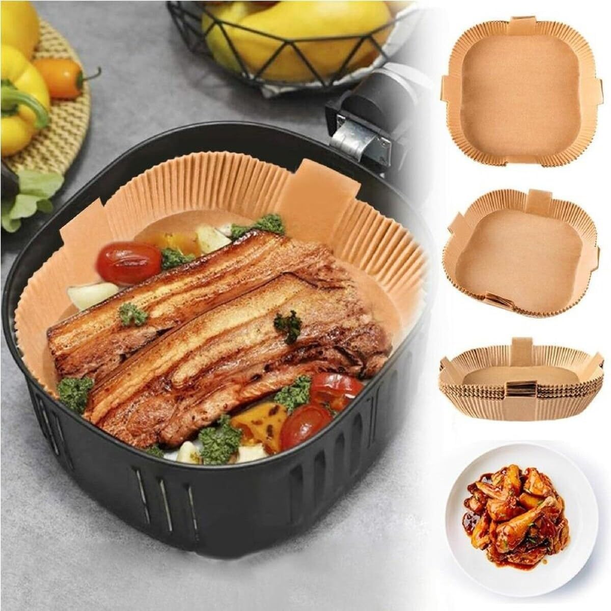 Air Fryer Paper Liners with Handles, Square, 16Cm & 20Cm, 125Pcs Extra Thick Disposable Parchment Liners, Non-Stick, Oil-Proof, Compatible with Tefal, Philips, Breville & More, Bpa-Free, Unbleached image number 1