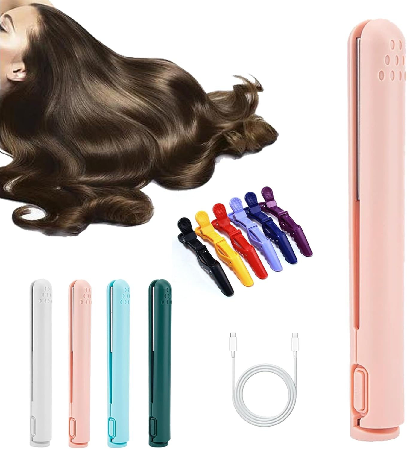 Dualglam Mini Dual-Purpose Curling Iron, Beautyskinusa Curling Iron, 2-In-1 Portable USB Curling Wand, for All Hair Types (Pink)