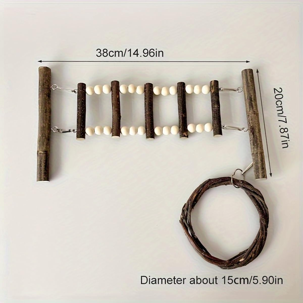 AIMALL Wooden Parrot Climbing Ladder and Swing Toy Set, Cage-Mount Interactive Bird Perch with Suction Cup or Nut Washer Fixing, Natural Log Design, 14.96X7.87 Inches image number 5