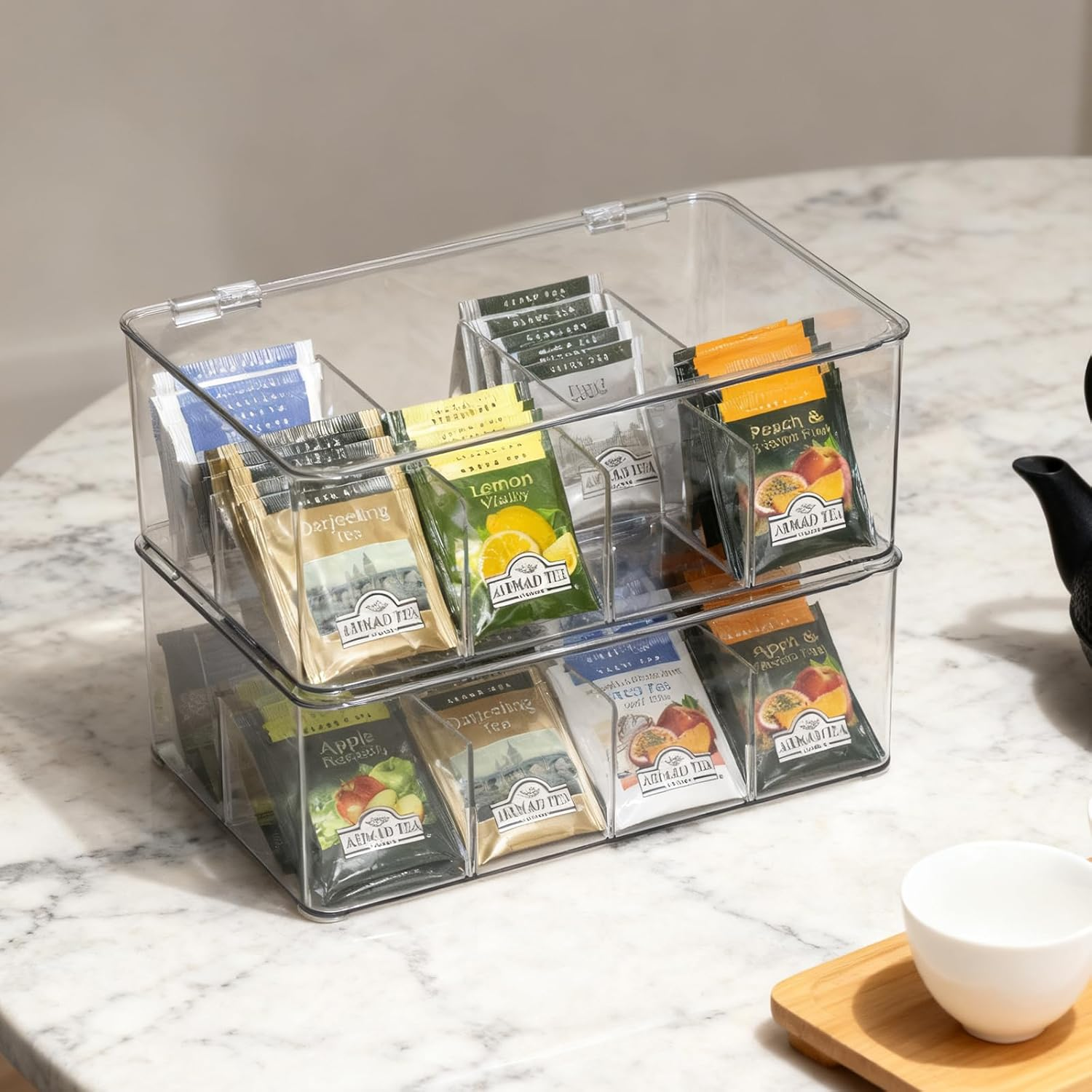 Tea Bag Organiser, Stackable Tea Box, Storage Box with Lid, Transparent Lsolation Layer Organisers Adjustable Dividers Set for Coffee, Biscuit, Bread, Snack, Candy image number 3