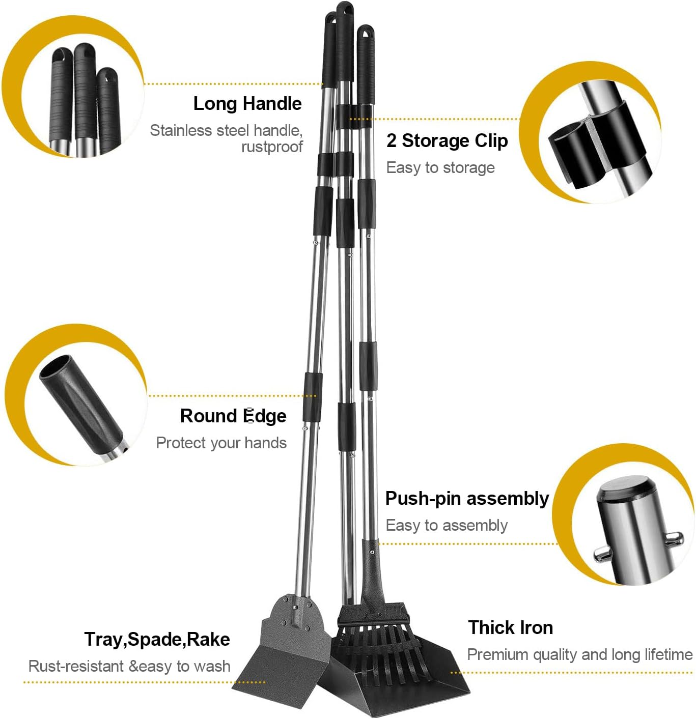 Dog Pooper Scooper Set, Tray Rake, and Spade 3 Pack Poop Scoop Adjustable Long Handle Metal with Tray for Pet Waste Removal,Dirt and Gravel,No Bending Clean up for Small Medium Dogs(Black) image number 1