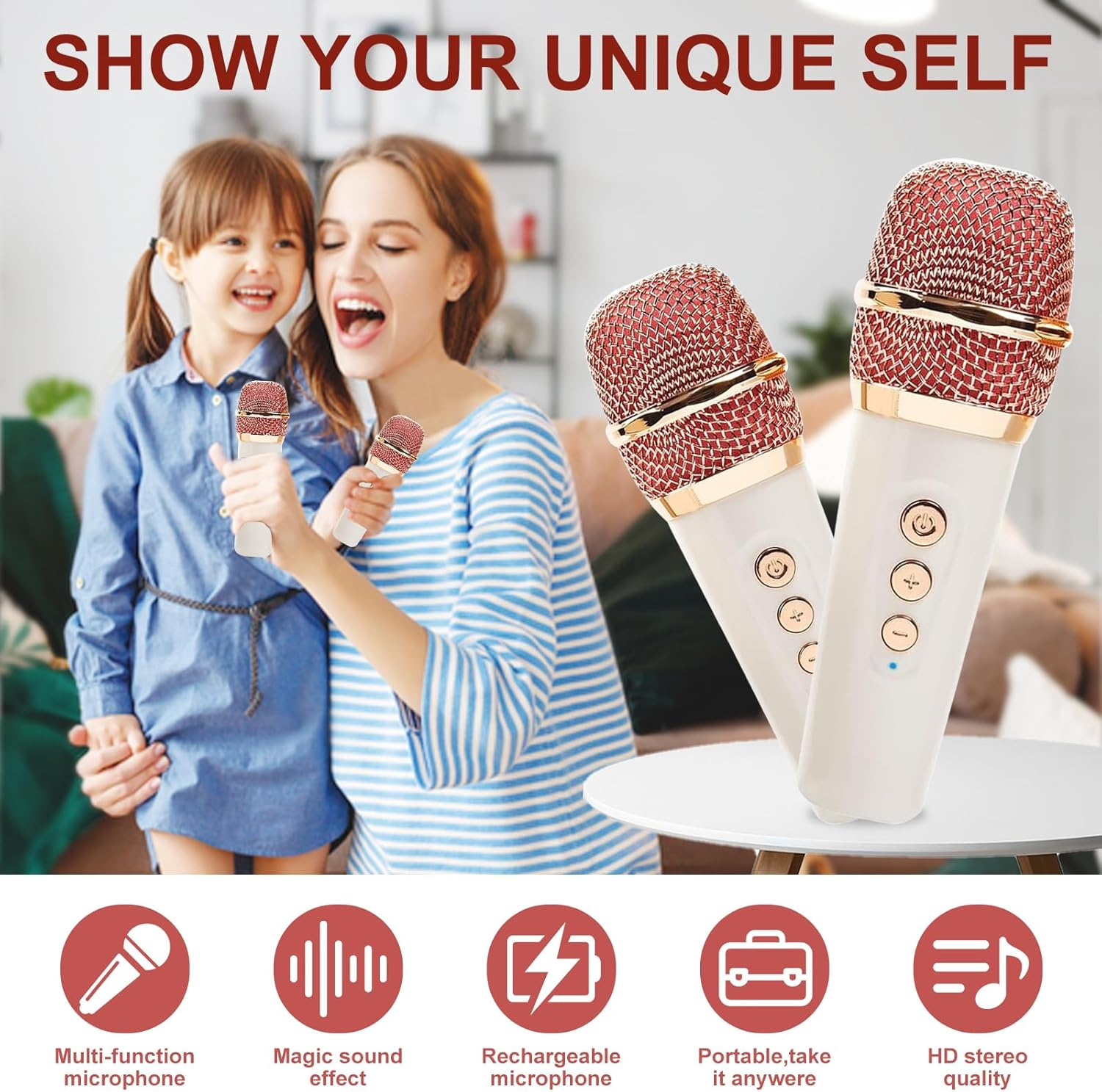 Retro Karaoke Machine, Portable Bluetooth Speaker Wireless Microphone Gifts Toys for Kids and Adults Family Home Party Microphone (White) image number 2