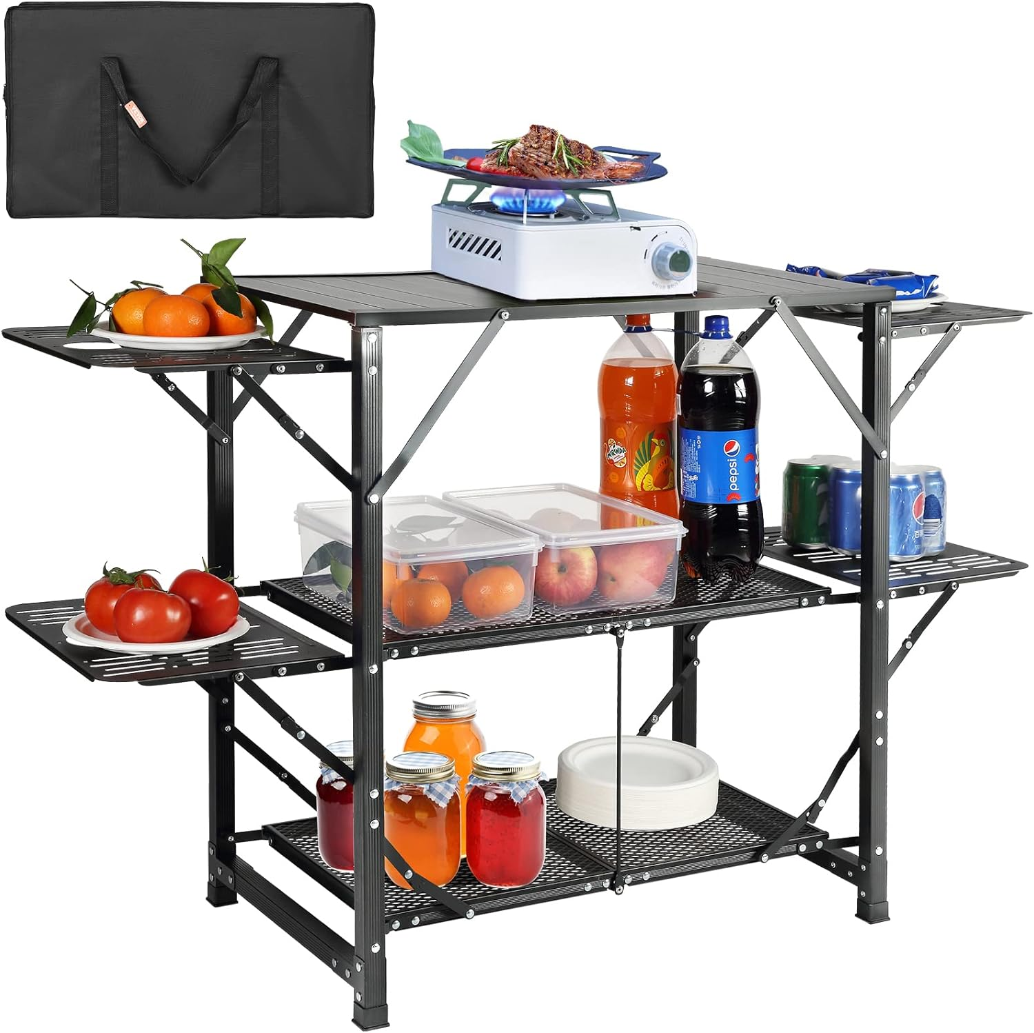 VEVOR Camping Kitchen Table, One-Piece Folding Portable Cook Station with a Carrying Bag, Aluminum Camping Table 4 Iron Side Tables & 2 Shelves, Ideal for Outdoor Picnics, Bbqs, Camping, RV Traveling image number 5