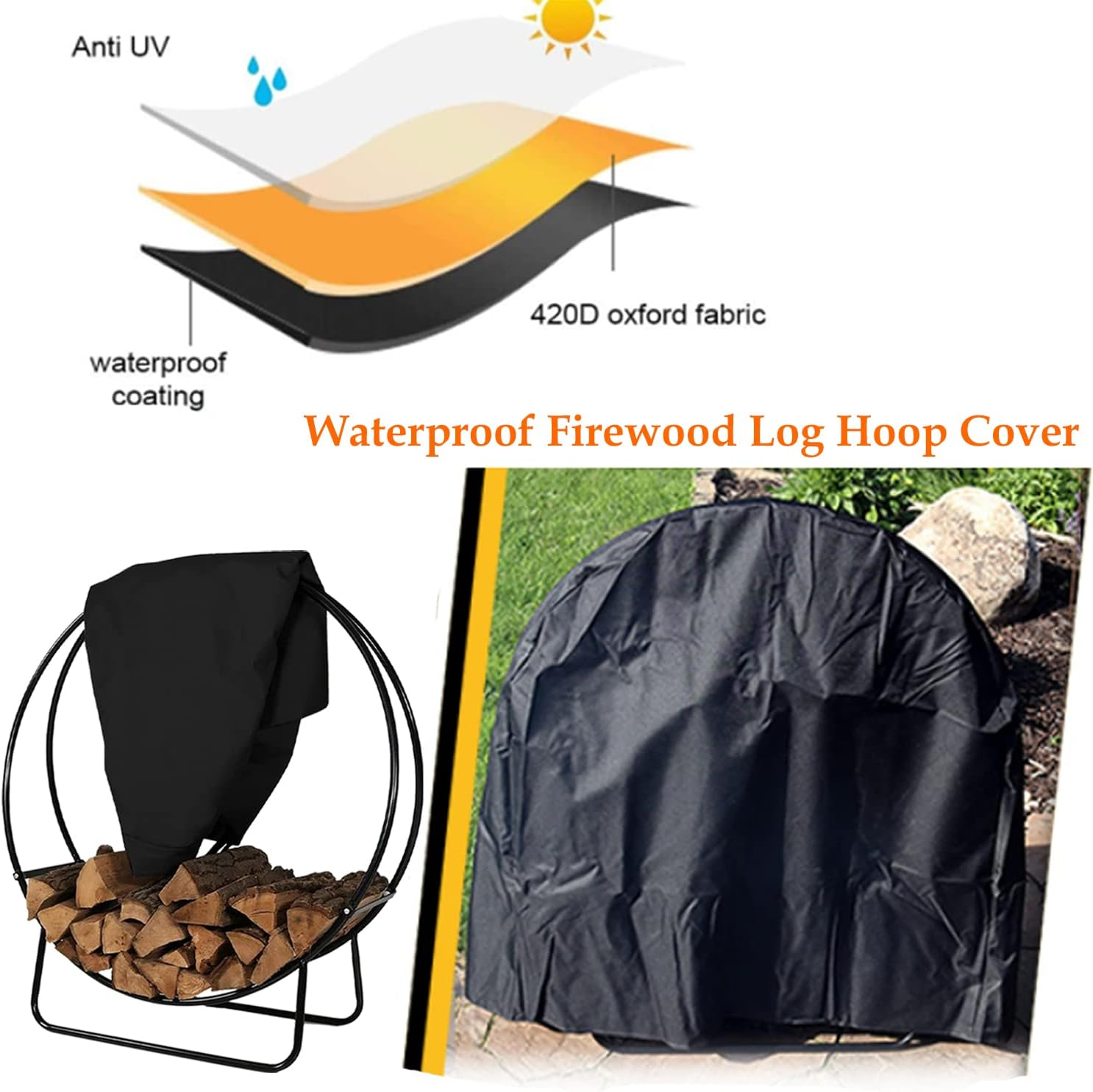 Firewood Log Hoop Rack Cover,Outdoor Waterproof and Weather Resistant Patio round Ring Loop Wood Storage Holder Cover,Heavy Duty 420D Oxford Fire Windproof Dry Wood Pile Holder Cover (40 In) image number 4