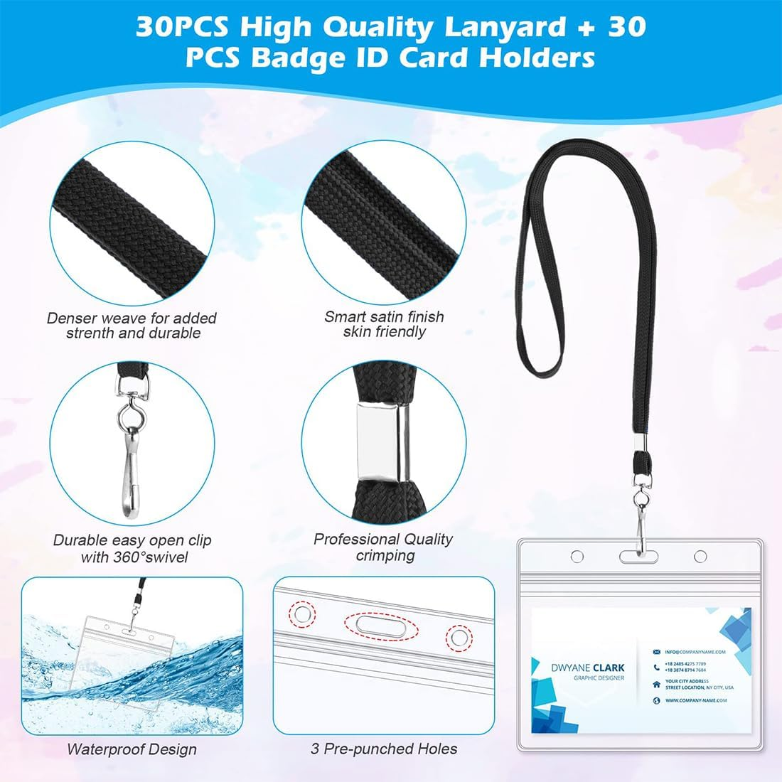 50Pcs Clear Name Tags with Neck Lanyard, Clear Plastic Horizontal Name Tags Badge ID Card Holders and Flat Neck Lanyards, Black Lanyard Kit with Swivel Hook for School, Festival, Event image number 1