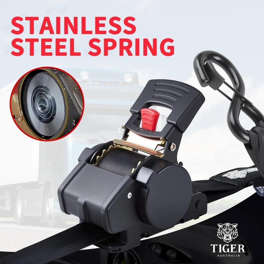 Tiger Australia 50Mm X 3M Heavy Duty Auto Retractable Ratchet Straps 4-Pack,2000Kg Break Strength, with S-Hooks and Storage Bag, for Trailers, Utes, Boats, Moving