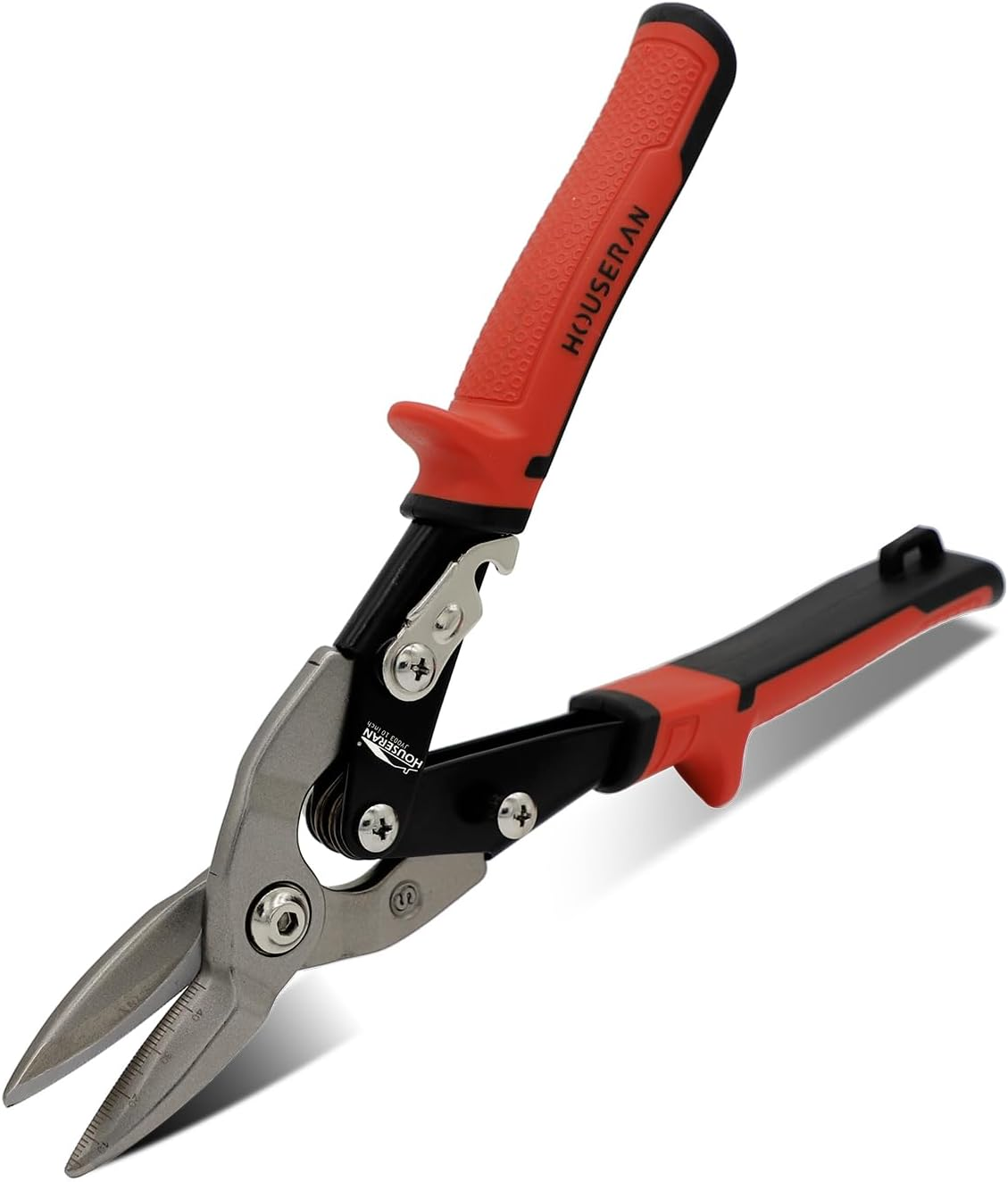 HOUSERAN 10 Inch Tin Snips, Right Cut Offset Aviation Snips, Heavy Duty CR-V Metal Cutter with Double Lever, Scale Markings & Safety Lock, Tinner Shears Scissors for Cutting Metal Sheet