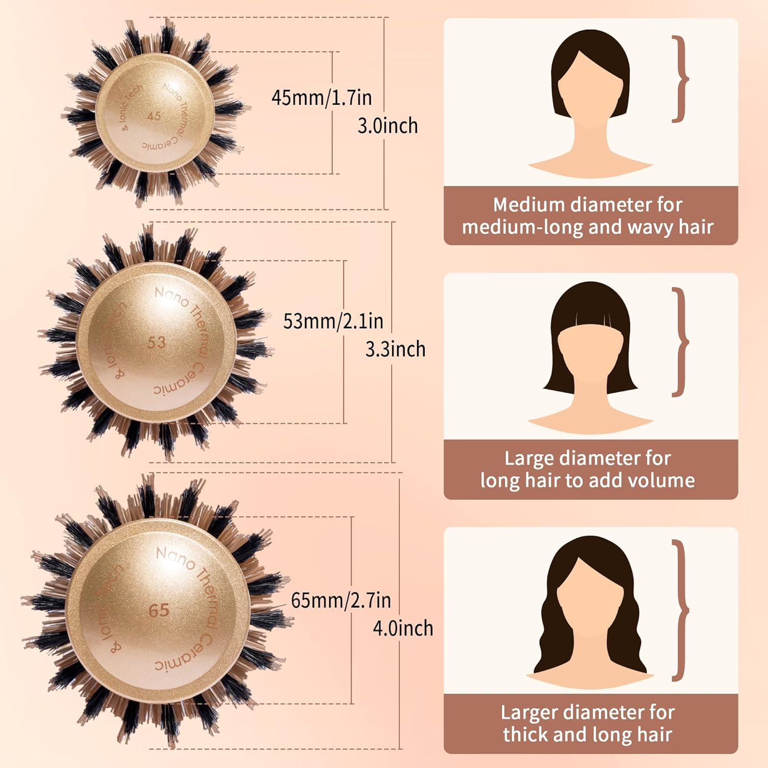 Round Brush for Blow Out, Nano Thermal Ceramic & Ionic Tech round Barrel Hair Brush with Boar Bristles and Nylon Pins, Roller Brush for Blow Drying and Styling, 4 Free Clips (Barrel 1.7 Inch, 45Mm) image number 2