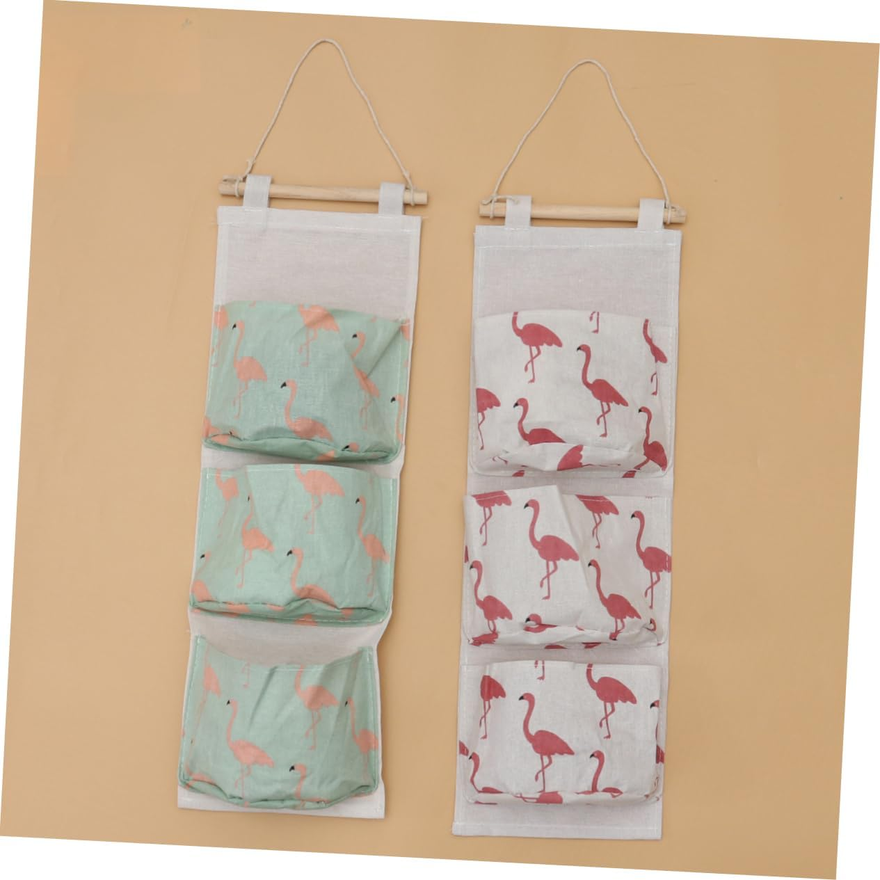 Hohopeti 2Pcs Flamingo Canvas Storage Bag Wall Hanging Storage Cotton Fabric Home Organizer Easy to Use image number 3