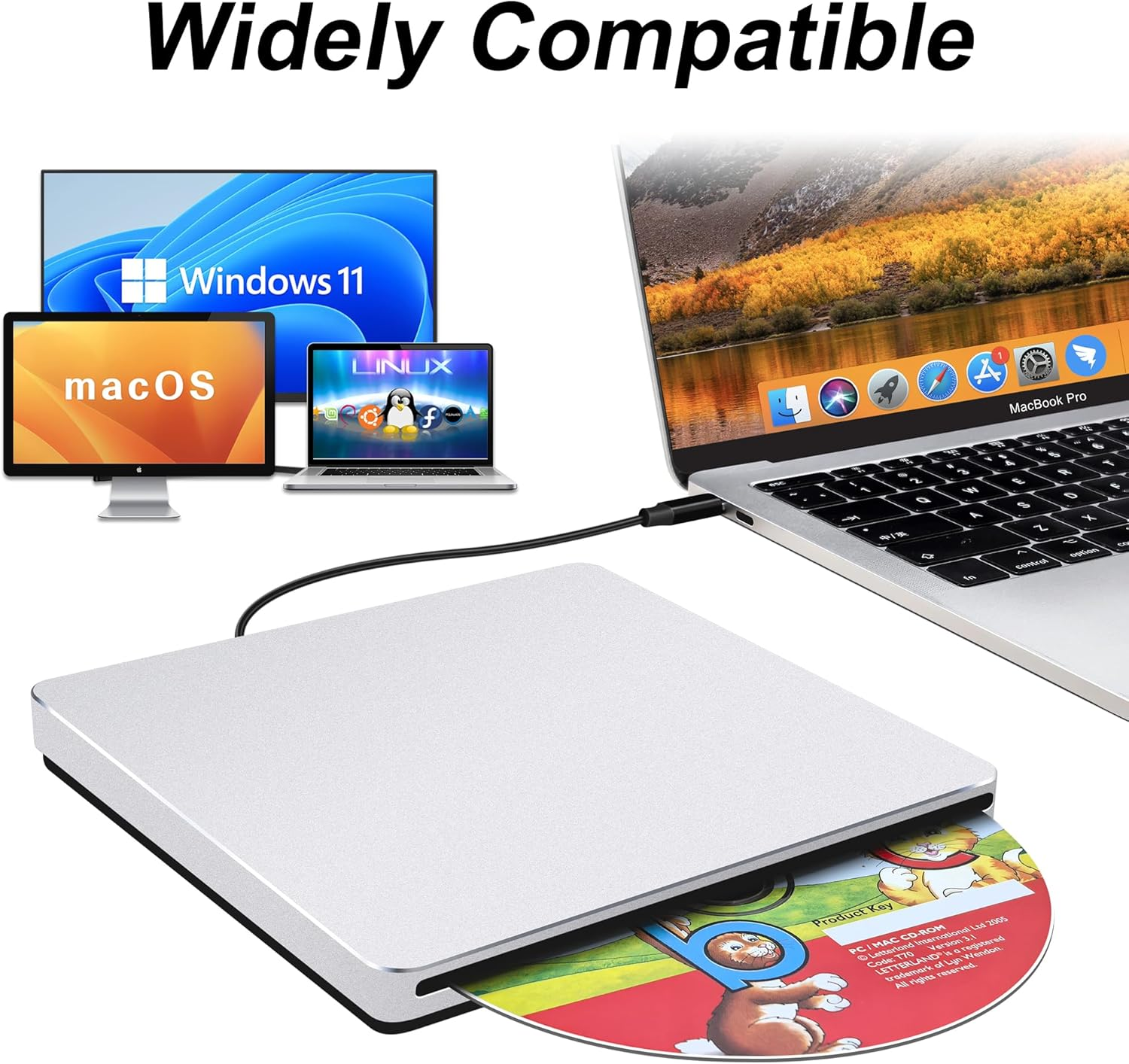 NOLYTH External CD DVD Drive: Plug & Play for Laptop Mac Macbook PC Windows - Portable High-Transfer USB C Burner for Music/Movie/Data Backup - Slot-In Aluminum with USB 3.0 Adapter(Silver) image number 3