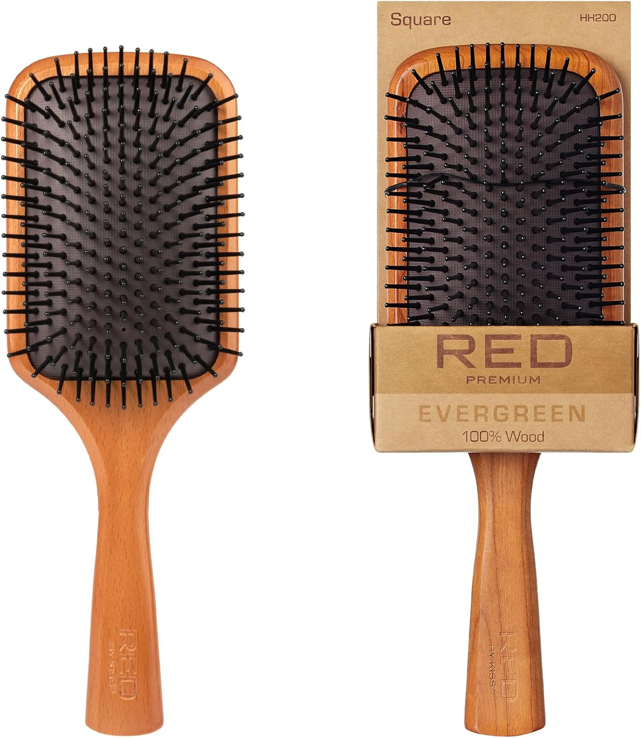 RED by Kiss Wooden Paddle Brush, Detangling Hair Brush, Long Bristles Beech-Wood Brush for Thick Curly Thin Long Short Wet Dry Hair, Long Lasting Shine (Square Paddle)