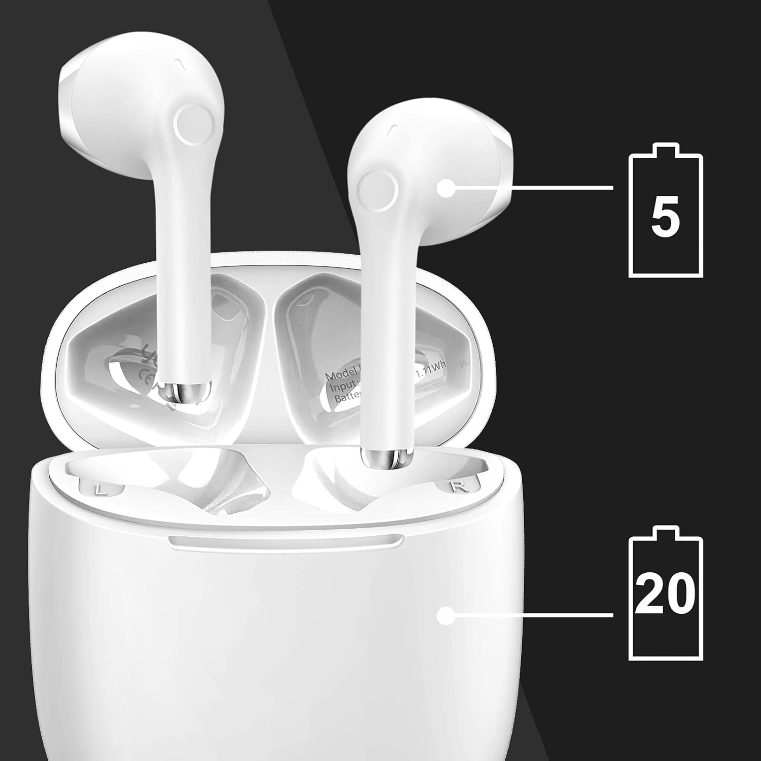 Yobola Wireless Earbuds, Bluetooth Earphones, IPX5 Waterproof Wireless Earphones Touch Control, Bluetooth Earbuds 5.1 Built-In Microphone, 25 Hrs with USB-C Charging - White image number 3