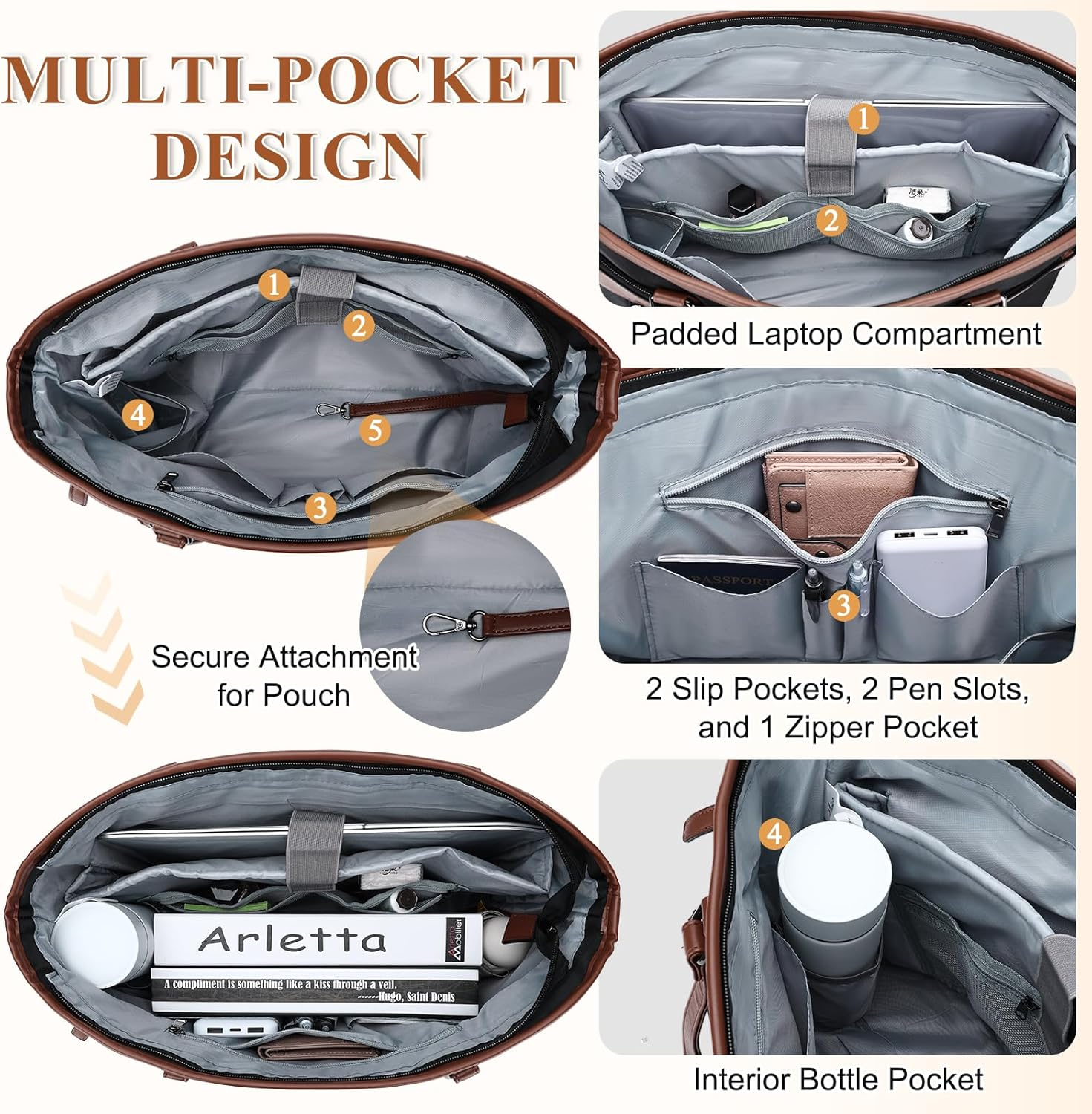 Laptop Tote Bag for Women, KASQO Large Water-Resistant 15.6 Inch Computer Shoulder Bag Ladies Work Tote Leather Handbags Satchel with Clutch Purse for Office School Travel - Black image number 3