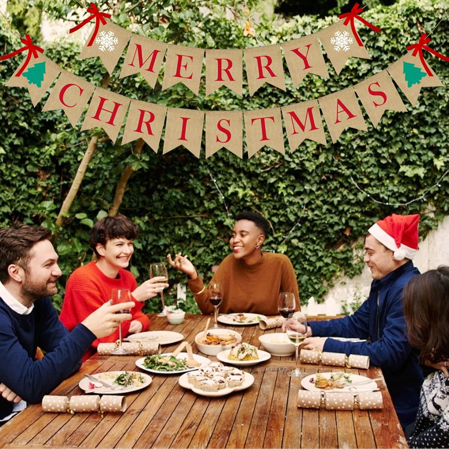 PACETAP Merry Christmas Burlap Banner with 4 Red Bows, Home Indoor Christmas Decorations for Fireplace, Chimney, Wall, Tree image number 1