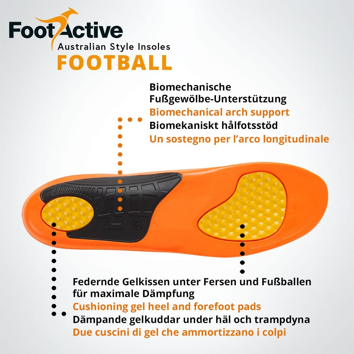 Footlogics Football Orthotic Insoles for Rugby, NRL, AFL & Soccer Boots and Athletics Shoes, Provides Support and Cushioning, Gel Pads in Heel & Forefoot, Relieves Sports Injuries, Full Length, Large, Pair image number 4