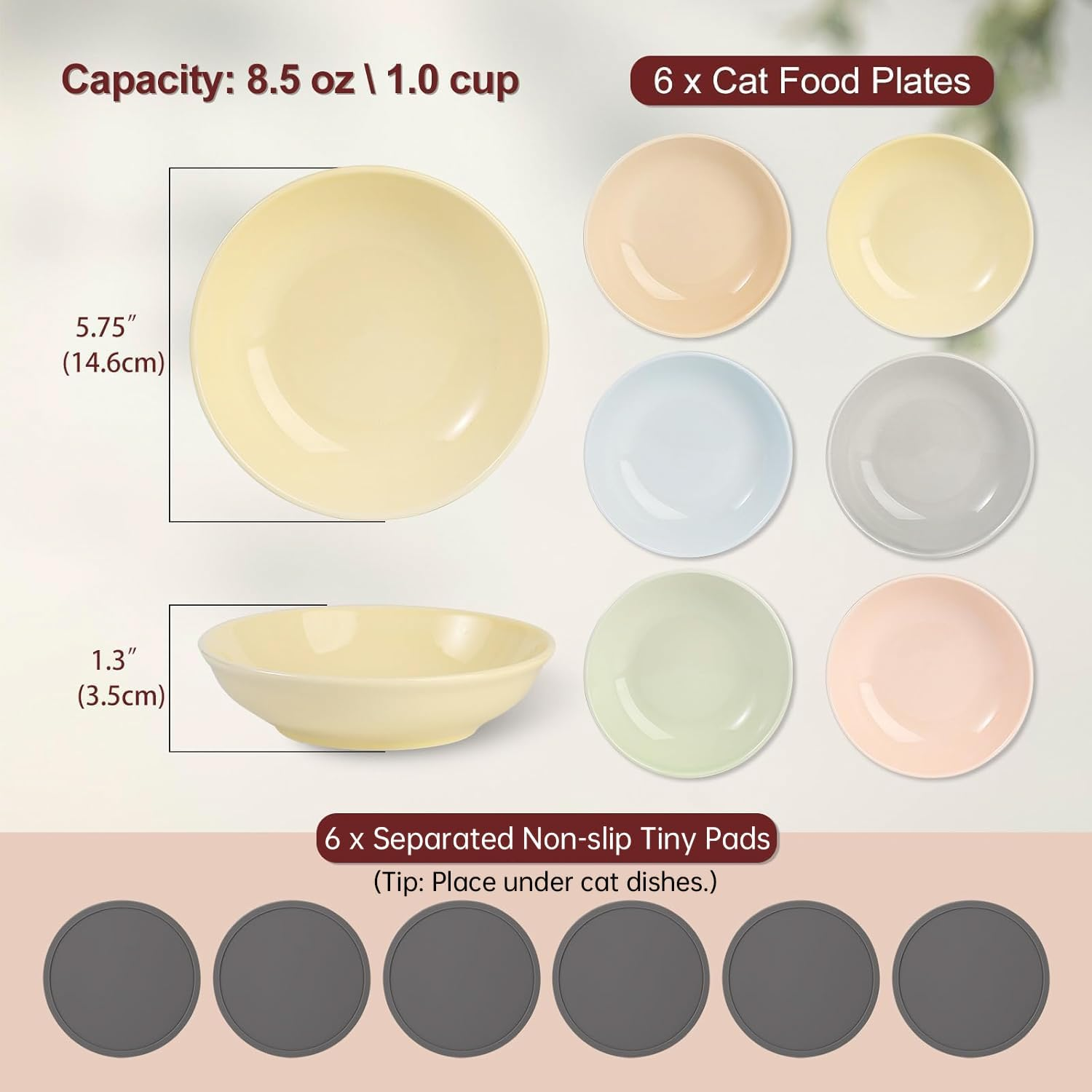 Ceramic Cat Food Bowl Set - Colorful Feeding Bowls with Non-Slip Mat - Wide Shallow Whisker Friendly Plates - Cute Dish - Microwave Dishwasher Safe - 6 Pack - 8.5 Oz - 5.75 Inch image number 4