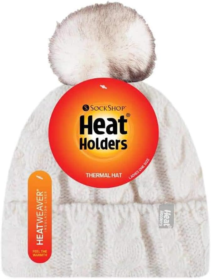 Heat Holders - Ladies Cable Knit Fleece Lined Thermal Winter Bobble Pom Pom Hat image number 5