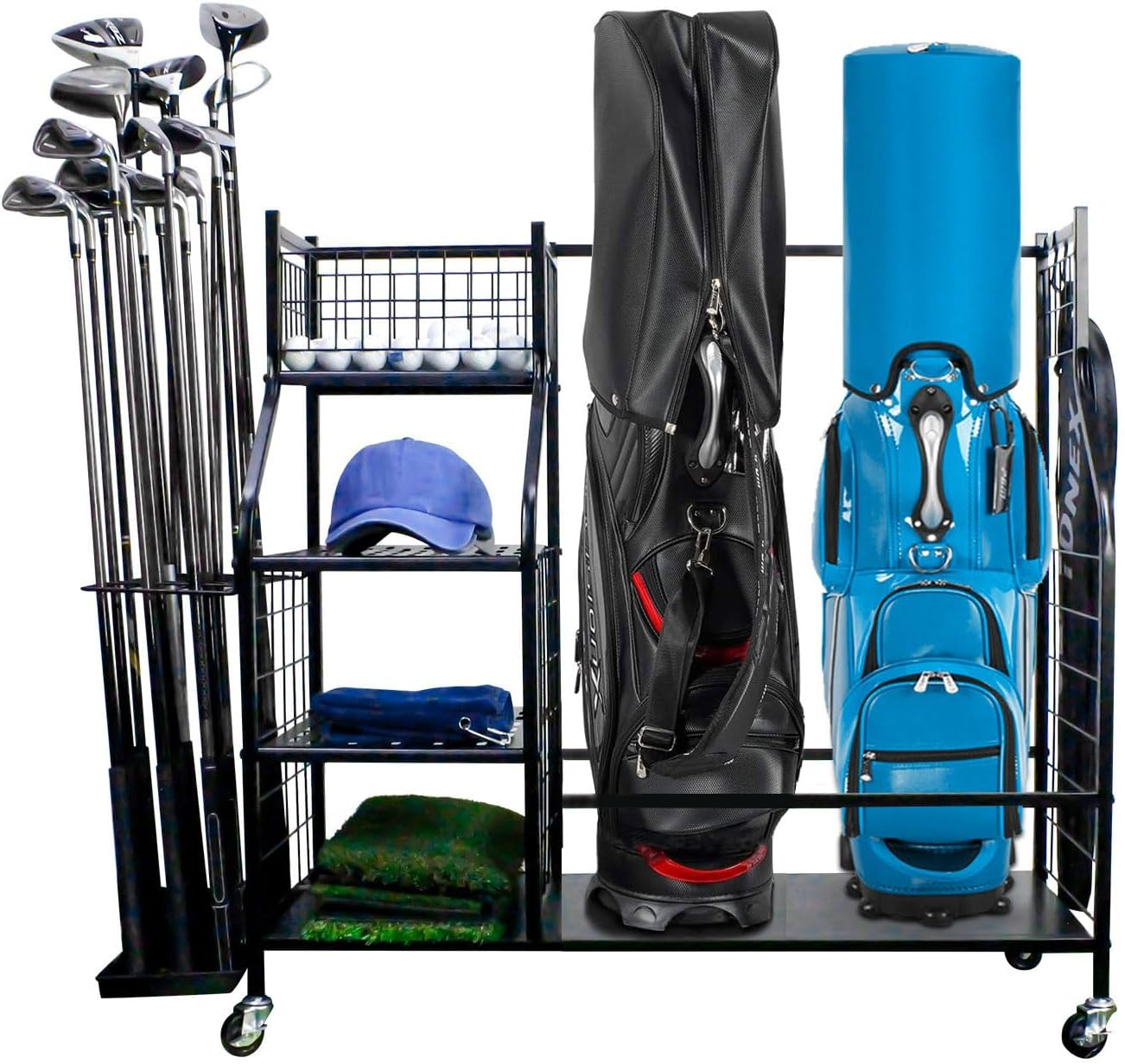 Golf Storage Organizer Golf Bag Storage Stand Golf Bag Organizer Garage Sport Equipment Storage Rack with Wheels Golf Equipment Rack with 4 Removable Hooks Large Capacity for Golf Storage Accessories image number 1