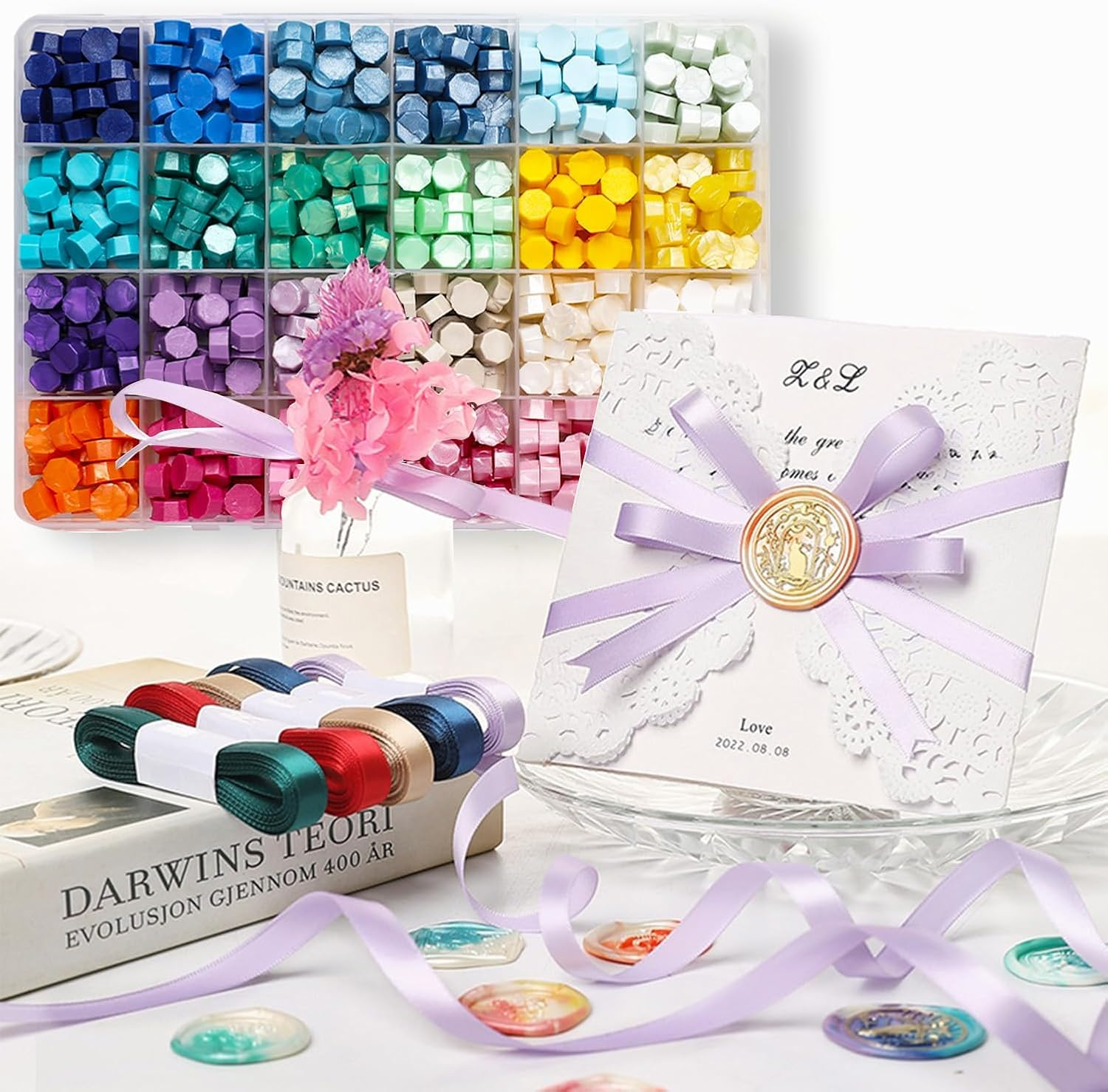 630PCS Sealing Wax Beads Set, 24 Color Beads with Wax Spoon, Tea Candles, Tweezer for Envelope Seals, Invitations, Letters, and DIY Crafts (#01) - 02 image number 5