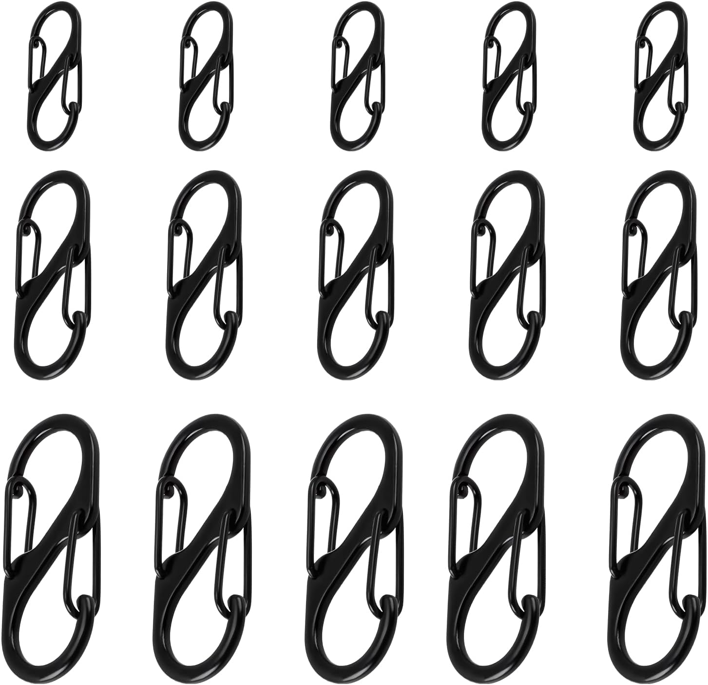 15Pcs Black Zipper Locks with Dual S-Shaped Carabiner Clips, Secure Your Bags, and Tents, Quick Clip Theft Deterrent Double Spring Buckle Hook for Camping, Outdoor Activities (Small, Medium, Large) image number 1