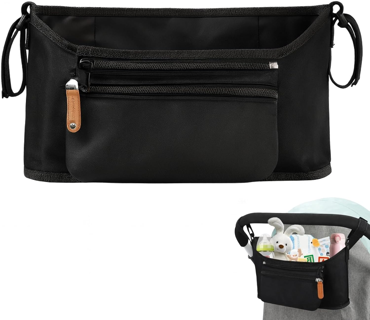 Universal Stroller Organizer Pram Caddy with Detachable Pockets, Waterproof Fabric, Machine Washable for Easy Cleaning, Fits Most Strollers and Joggers, Stylish Black Color for Everyday Use image number 4