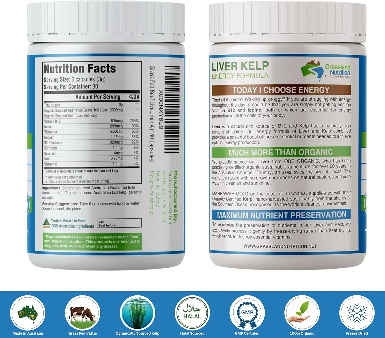 Grass Fed Beef Liver with Wild Harvested Kelp 100% Organically/Halal Sourced 2-IN-1 Energy Formula &mdash; Natural B12, Iodine, Iron & Vitamin a (180 Capsules) image number 5