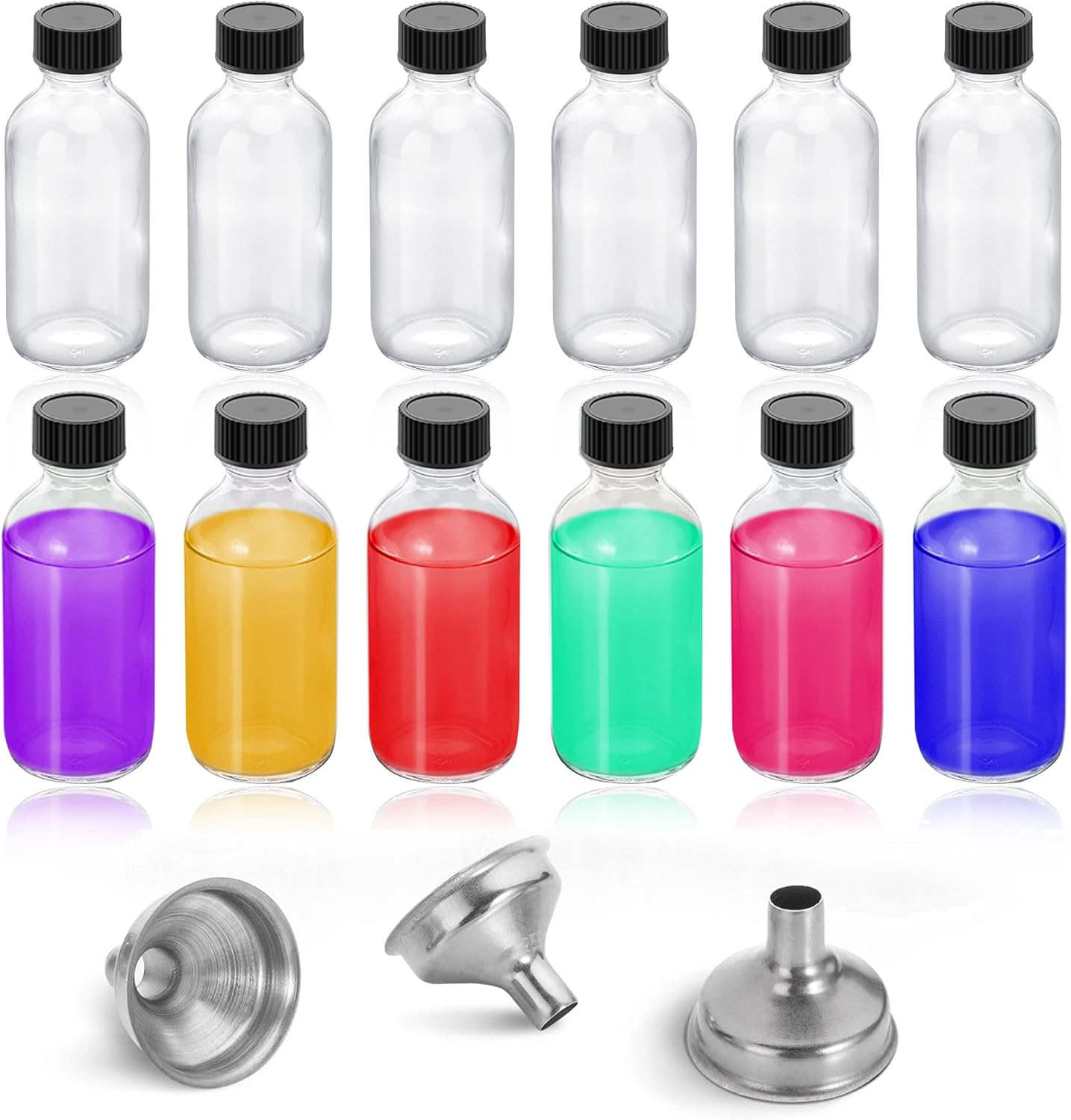 12&times;2 Oz Small Clear Glass Bottles with Lid & 3 Stainless Steel Funnels - 60Ml Boston Sample Bottles - Mini Travel Essential or Decorative Bottles for Potion, Juice, Ginger Shots, Whiskey (12) image number 4
