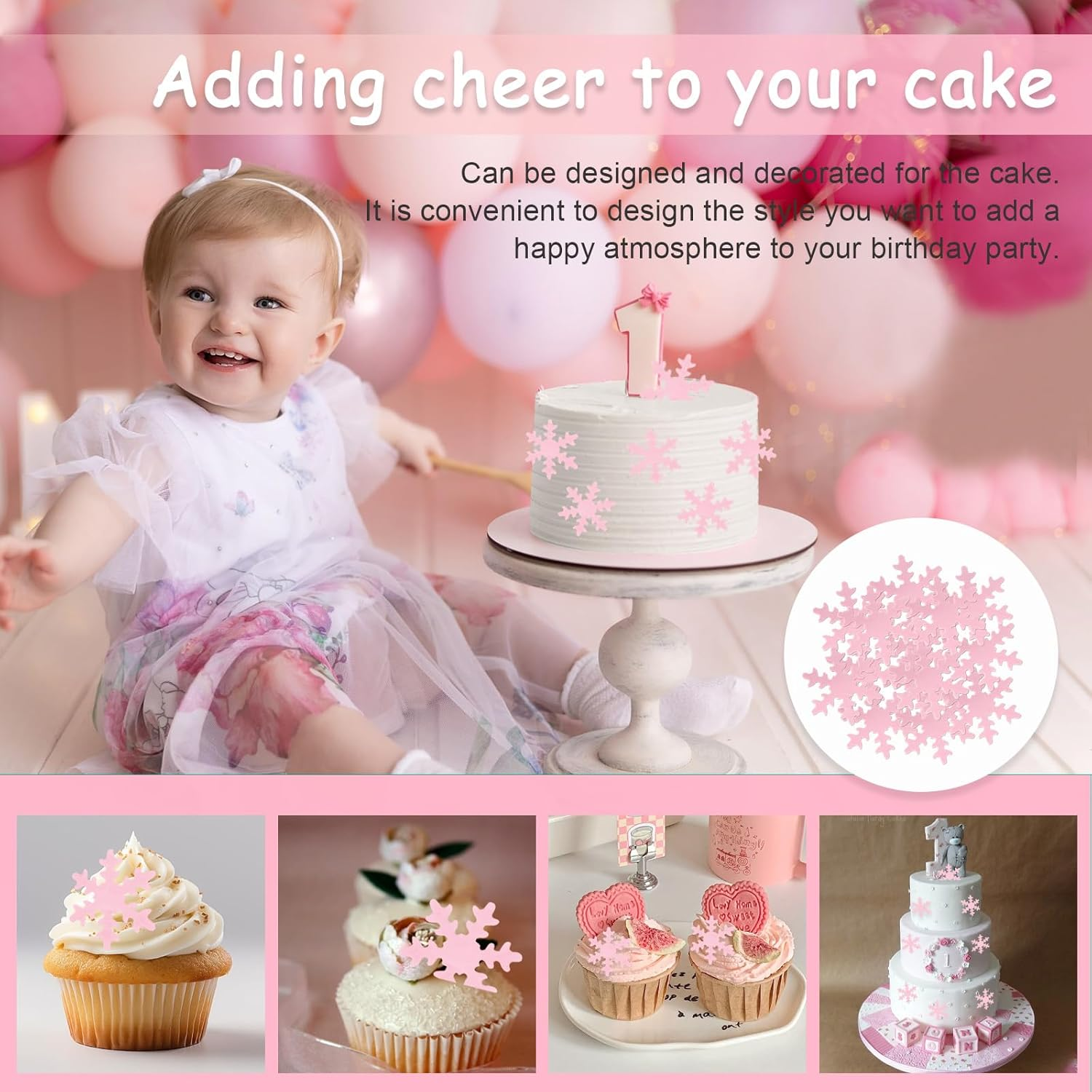 50Pcs Snowflake Cake Cupcake Topper, Edible Winter Frozen Snowflake Cake Decorations Edible Wafer Paper for Birthday Party Decor Supplies (Pink) - White+Blue image number 5