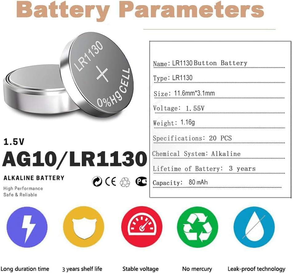 LR1130 Battery 1.5 Volt AG10 Coin Cell 389A Batteries 20 Pack in Original Packaging for Watch, Car Key, Calculator, Electronic Scale, Toy image number 5