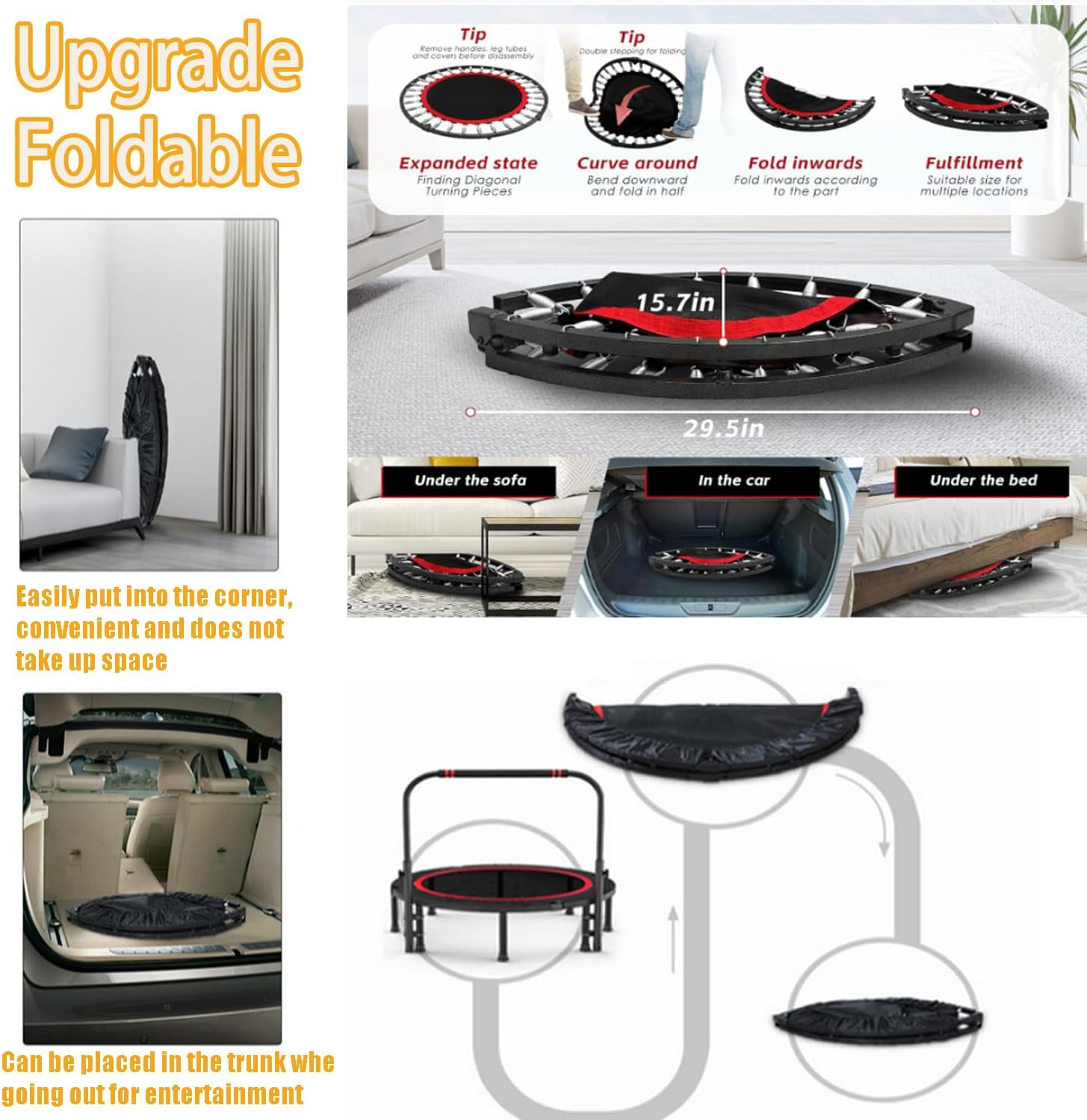 48" Foldable Mini Trampoline with Adjustable Non-Slip Handle Bar, Thick Steel Spring Fitness Exercise Workout Rebounder Trampoline for Adults Kids Indoor Outdoor Workouts Fitness up to 300Kg