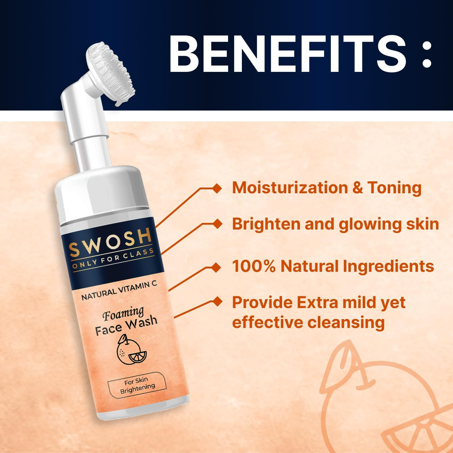 SWOSH Natural Vitamin C Foaming Face Wash for Pimple Prone & Oily Skin - No Parabens, Sulphate, Silicones & Colour (With Built-In Face Brush), 100 Ml/ 3.38 Fl Oz image number 6