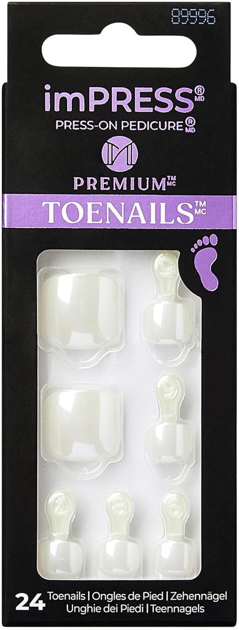 Impress Kiss No Glue Pedi Press-On Toenails, White Nails with Pearl, Squoval Shape, Includes 24 Nails, Prep Pad, 1 Manicure Stick, 1 Mini File image number 1