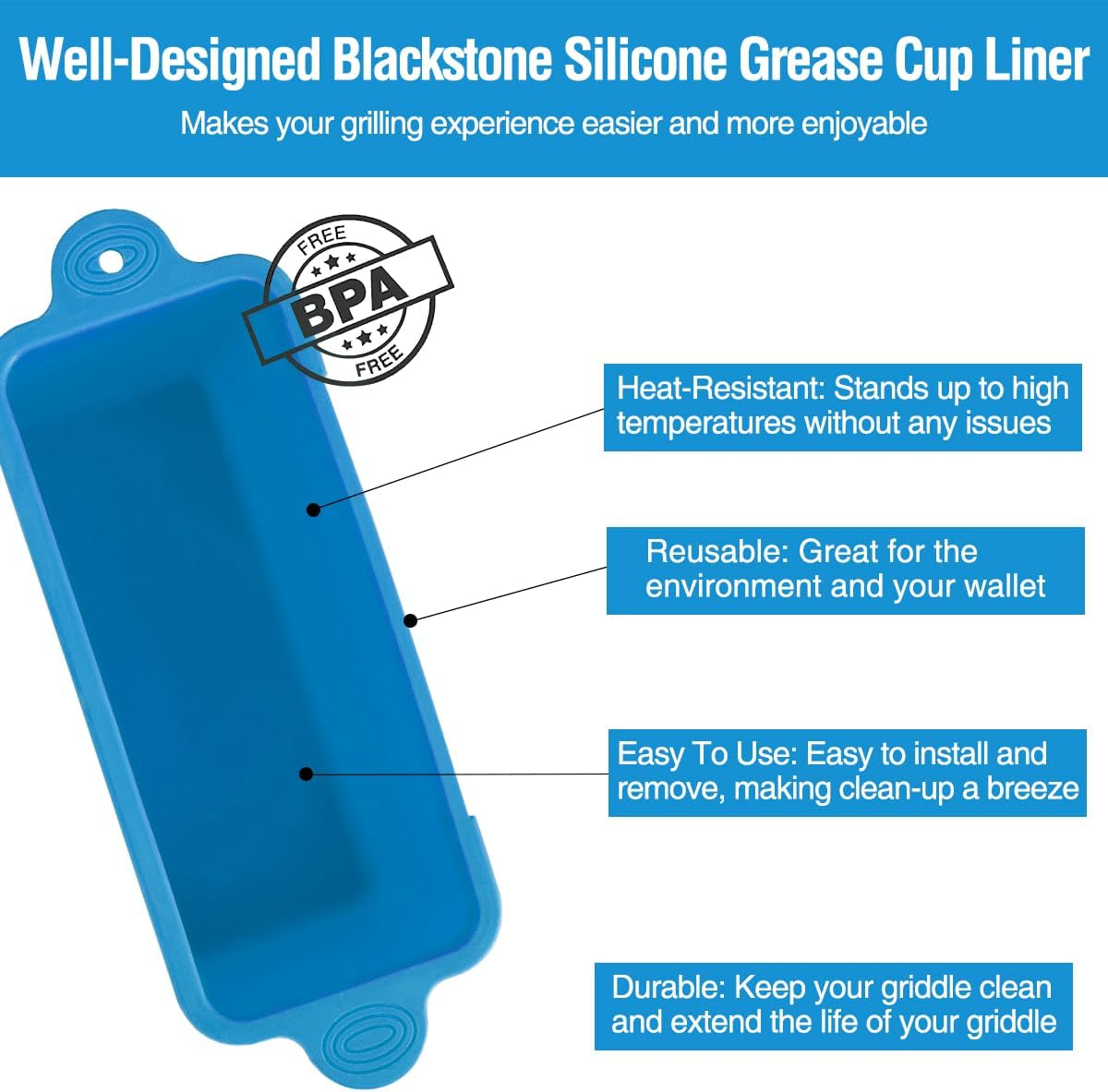 2 Pack Blackstone Silicone Grease Cup Liners for 36 28 22 17 Inch Griddle, Reusable Grease Catcher Liner Grill Grease Tray Blackstone Accessories, Replacement of Aluminum Foil Drip Pans, Blue