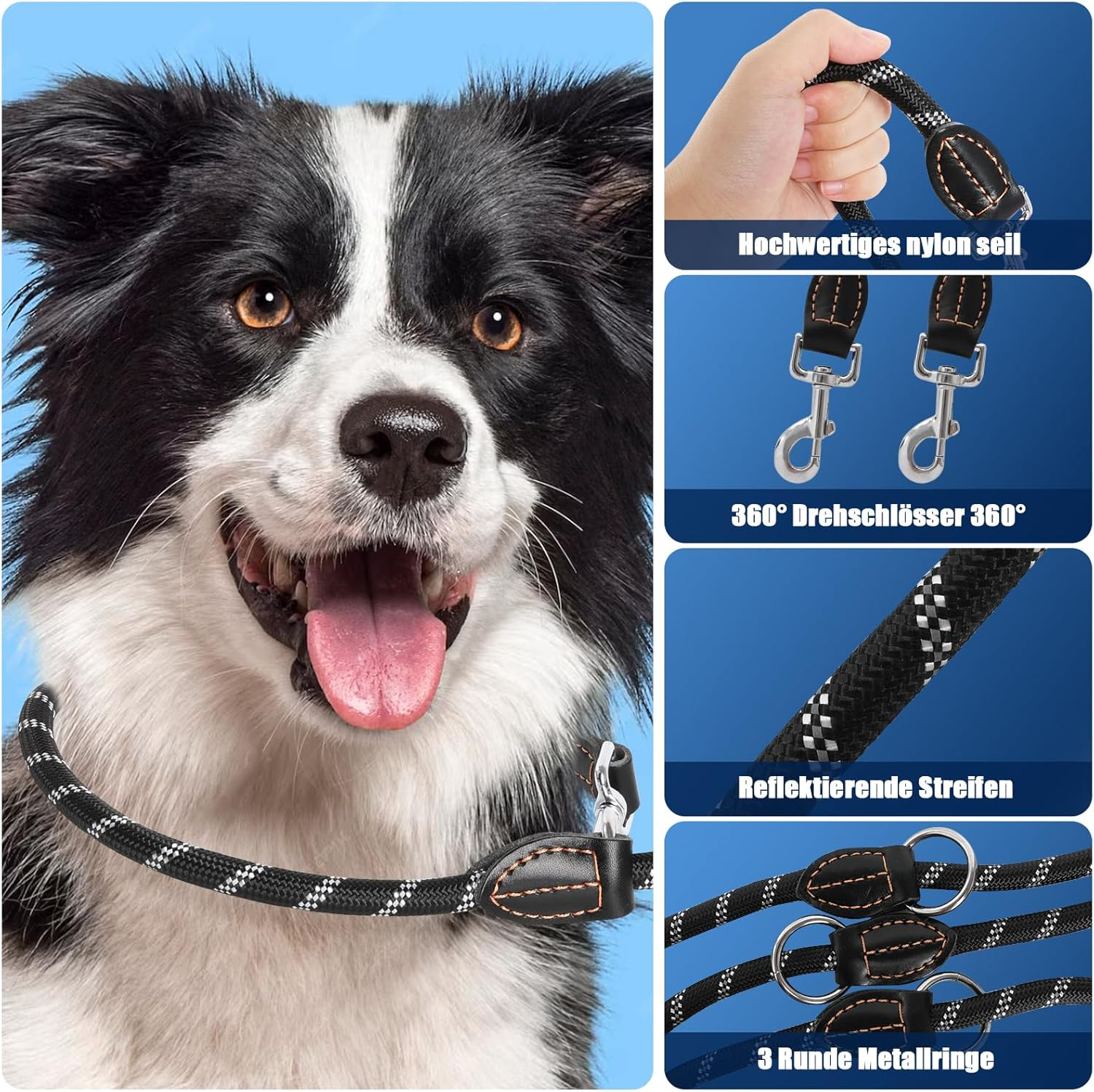 Dog Lead for Large and Medium Dogs, Adjustable Dog Lead 3 M with Reflective Strips, Nylon Double Lead, Thickened Free Leads with 2 Carabiners Thanks to the Extreme Force up to 200 Kg, Black image number 2