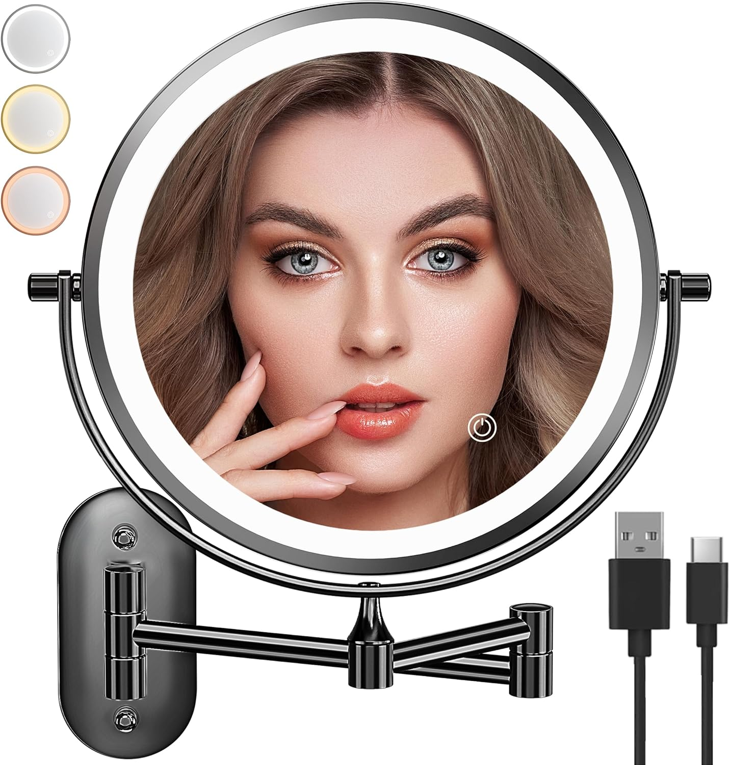 Auxmir Wall-Mounted Bathroom Makeup Mirror Double-Sided 1X/10X Magnification LED Illuminated 3 Light Colors USB Rechargeable Touch Sensor 360&deg; Rotation and Extendable for Bathroom, Black, X-8CB