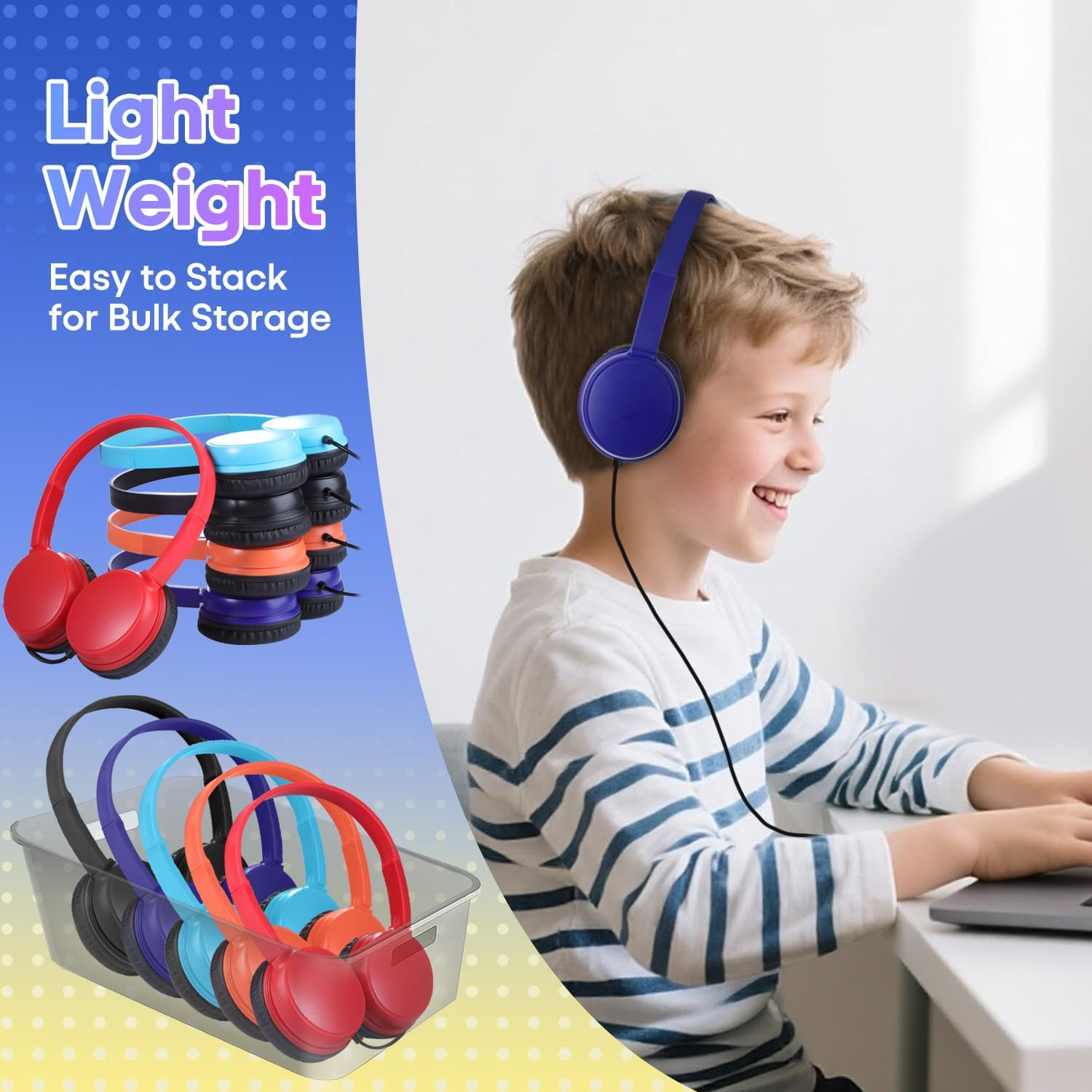 Waneni Classroom Headphones Bulk 10 Pack Mutli Colors for Kids Schools, Class Sets Headsets for Students (Durable,Leather Earcup, Noise Reducing, Comfortable, Easy-To-Clean) image number 6