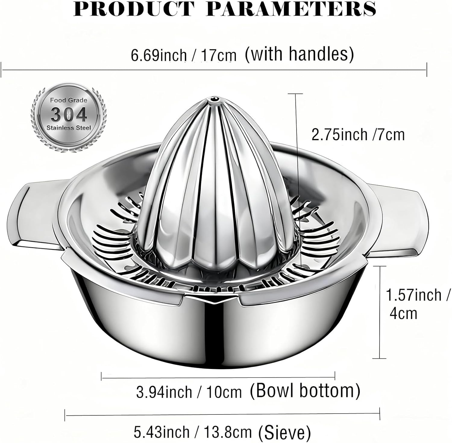 EP Leben 304 Stainless Hand Juicer Rotation Press with Strainer＆10Oz Bowl, 2 Pour Spouts, Citrus Lemon Orange Grapefruit Juicer Manual Squeezer, Easy to Clean, Dishwasher Safe image number 3