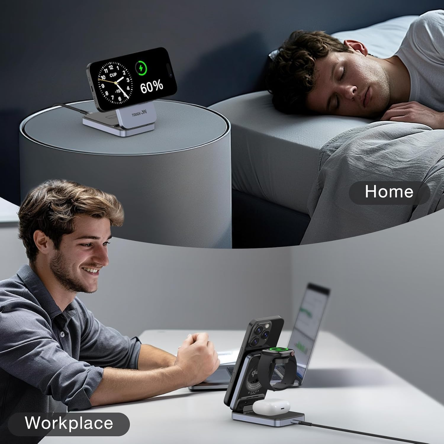 TOUGH on Qi2 3 in 1 Wireless Charging Station for Apple, Qi2 15W Wireless Charger for Iphone, Compatible Magsafe Wireless Charger Stand for Multiple Devices Iphone 16/15/14/13/12, Apple Watch, Airpods image number 4