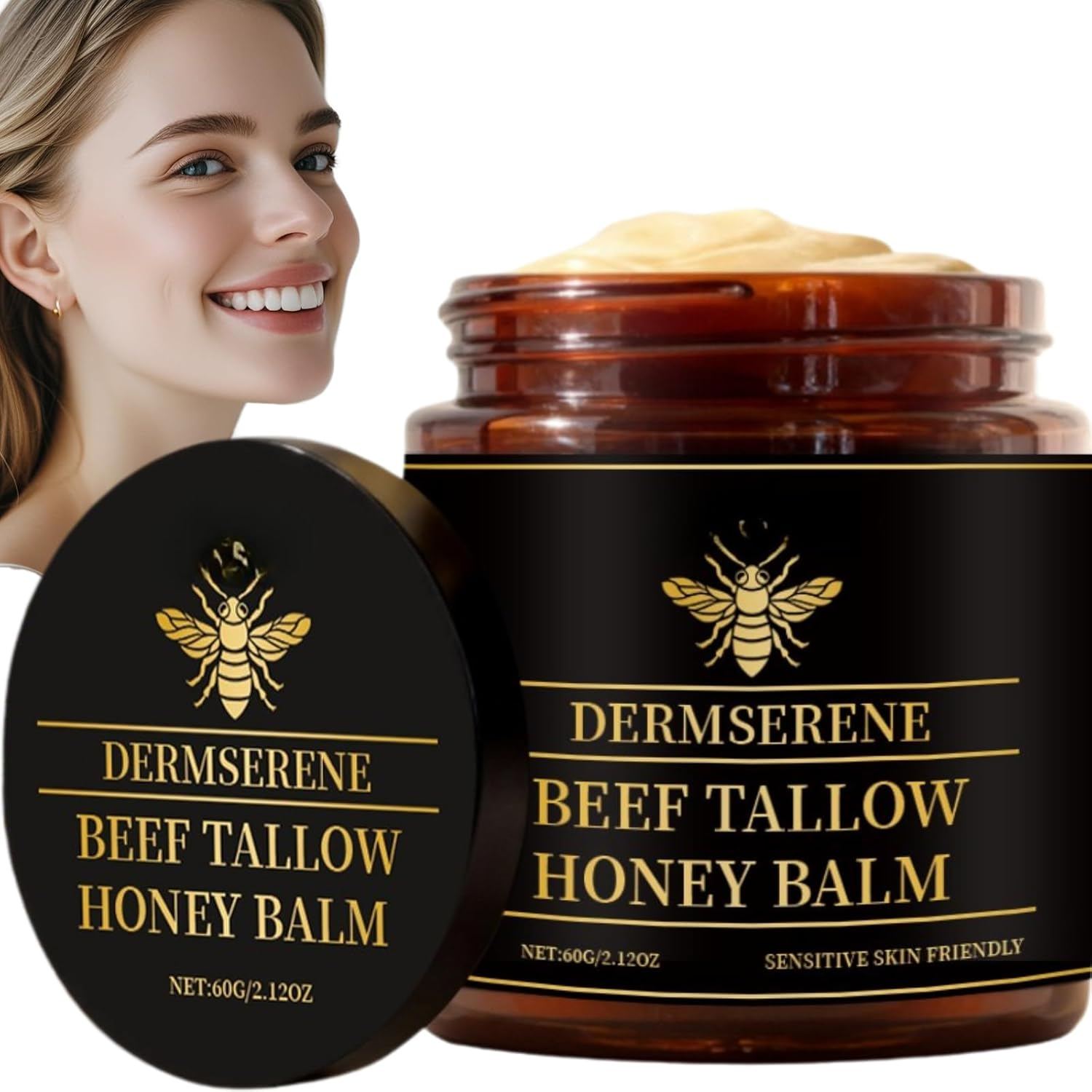 Beef Tallow Honey Balm for Dry Sensitive Skin, Natural Moisturizing Tallow Balm, Deep Nourishing Repair Balm for Face and Body, Soothing Cream for Cracked Hands Elbows Knees, Hydrating Skin (1Pcs)