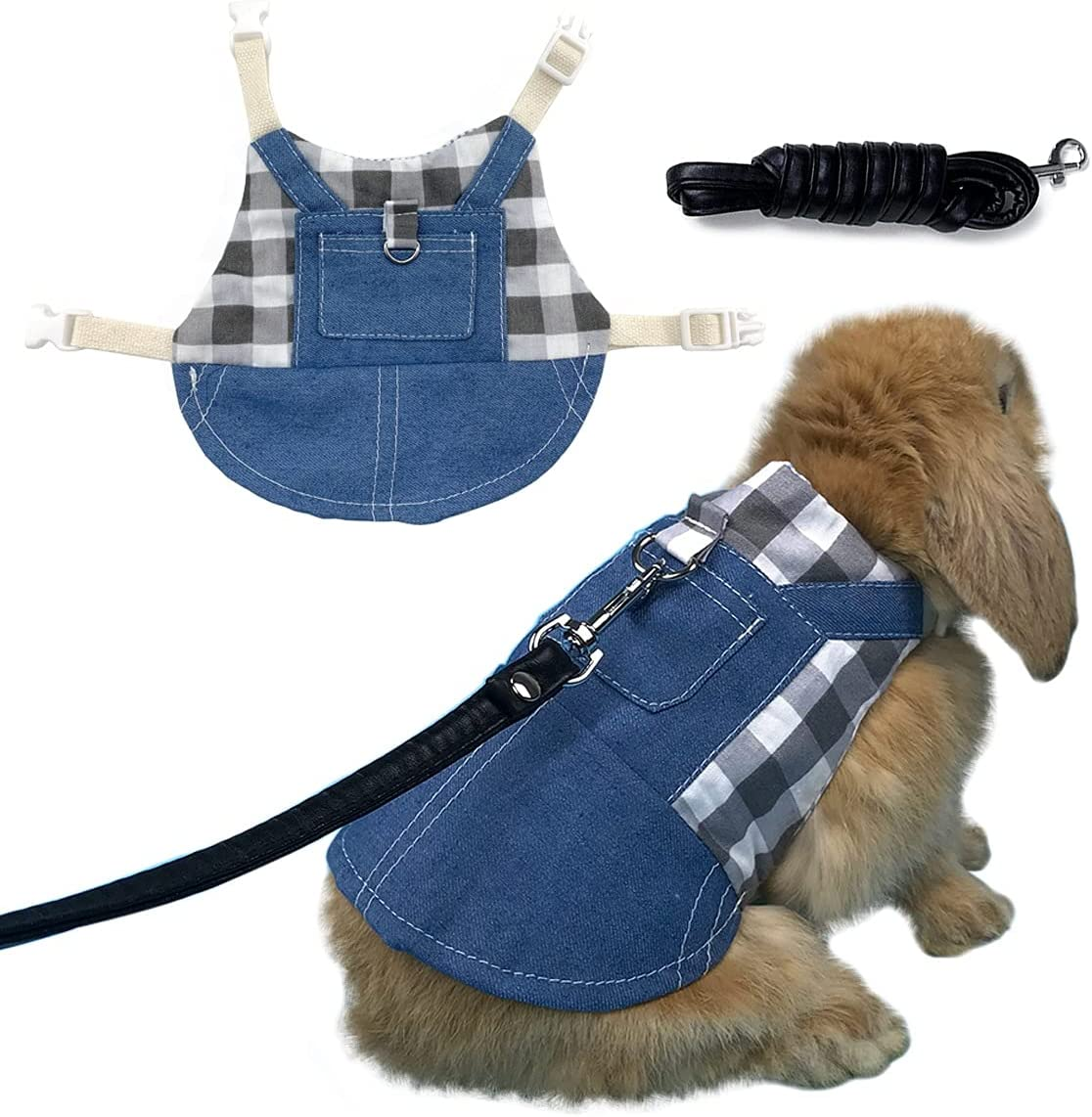 Vehomy Rabbit Harness and Leash Small Animal Clothes for Rabbit Guinea Pig, Bunny Plaid Harness Leash Guinea Pig Blue Denim Black and White Plaid Dress for Kitten Chihuahua and Other Small Animals L image number 5