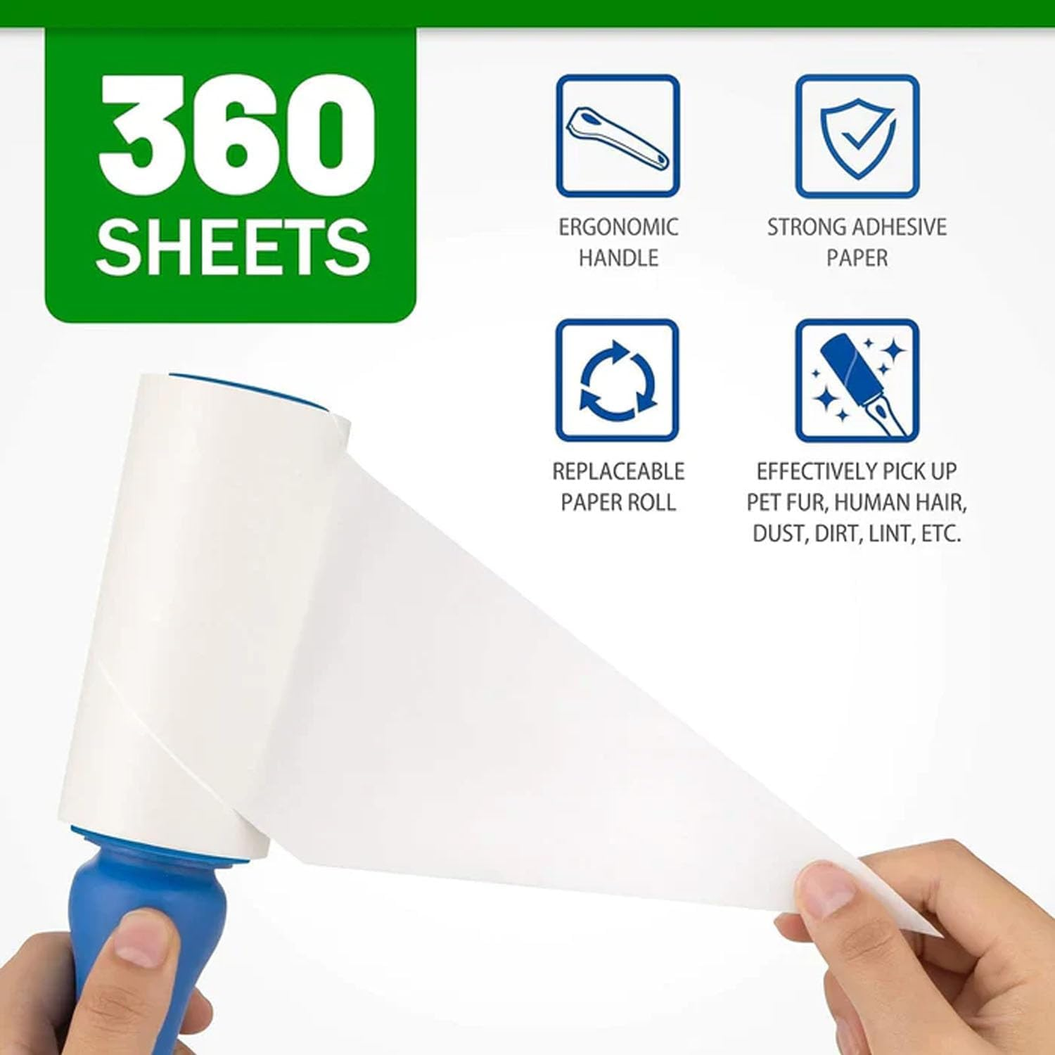 EZONEDEAL Lint Rollers, Pet Dog Cat Hair Remover Clothes Car Dust Cleaning, Pet Lint Sticky Lint Remover for Clothes Furniture, Easy Peel Sticky Hair Clean Roller 1 Handle with 8 Refills